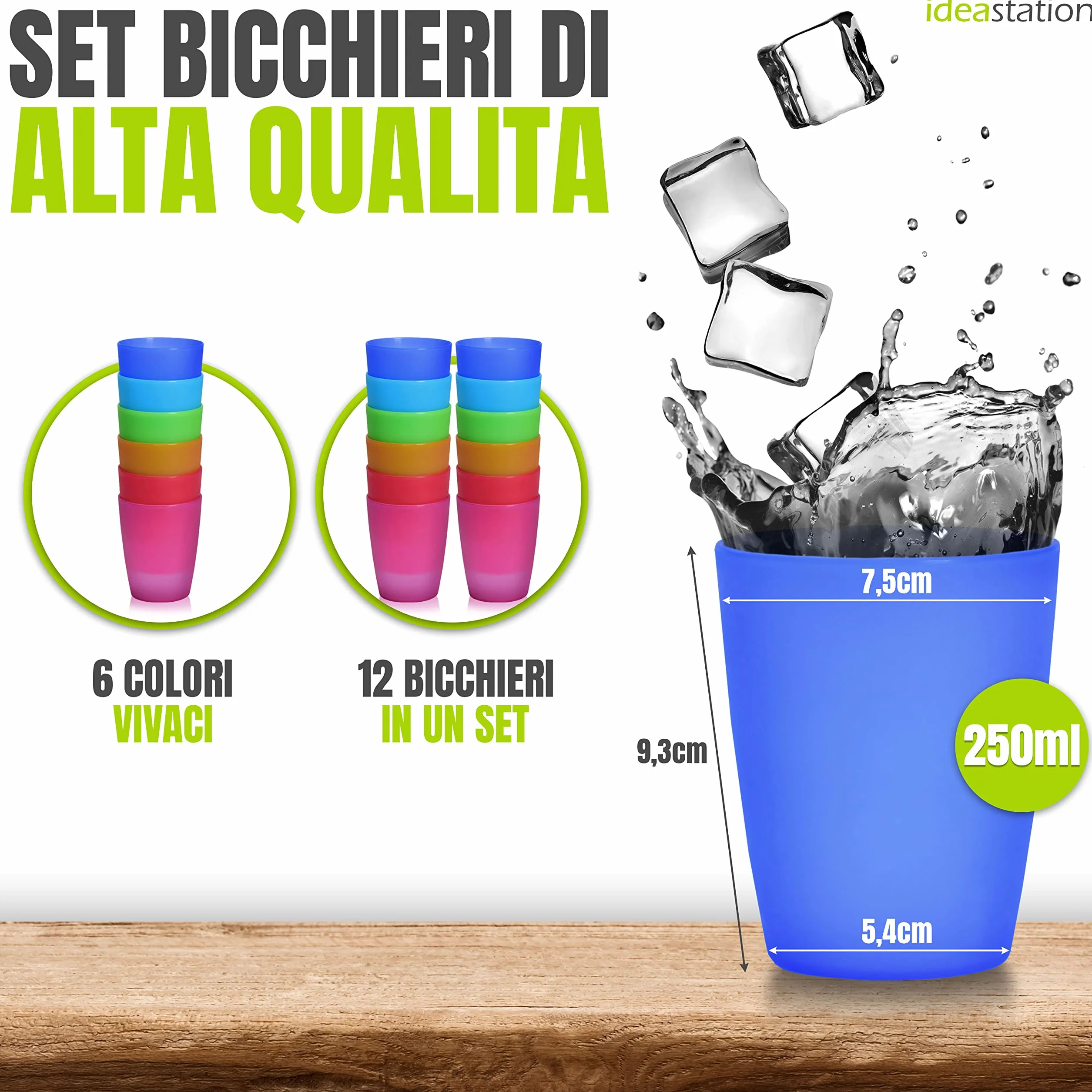 Neo Bicchieri Plastica rigida lavabili 12 x 250 ml Set Bicchieri Acqua riutilizzabile