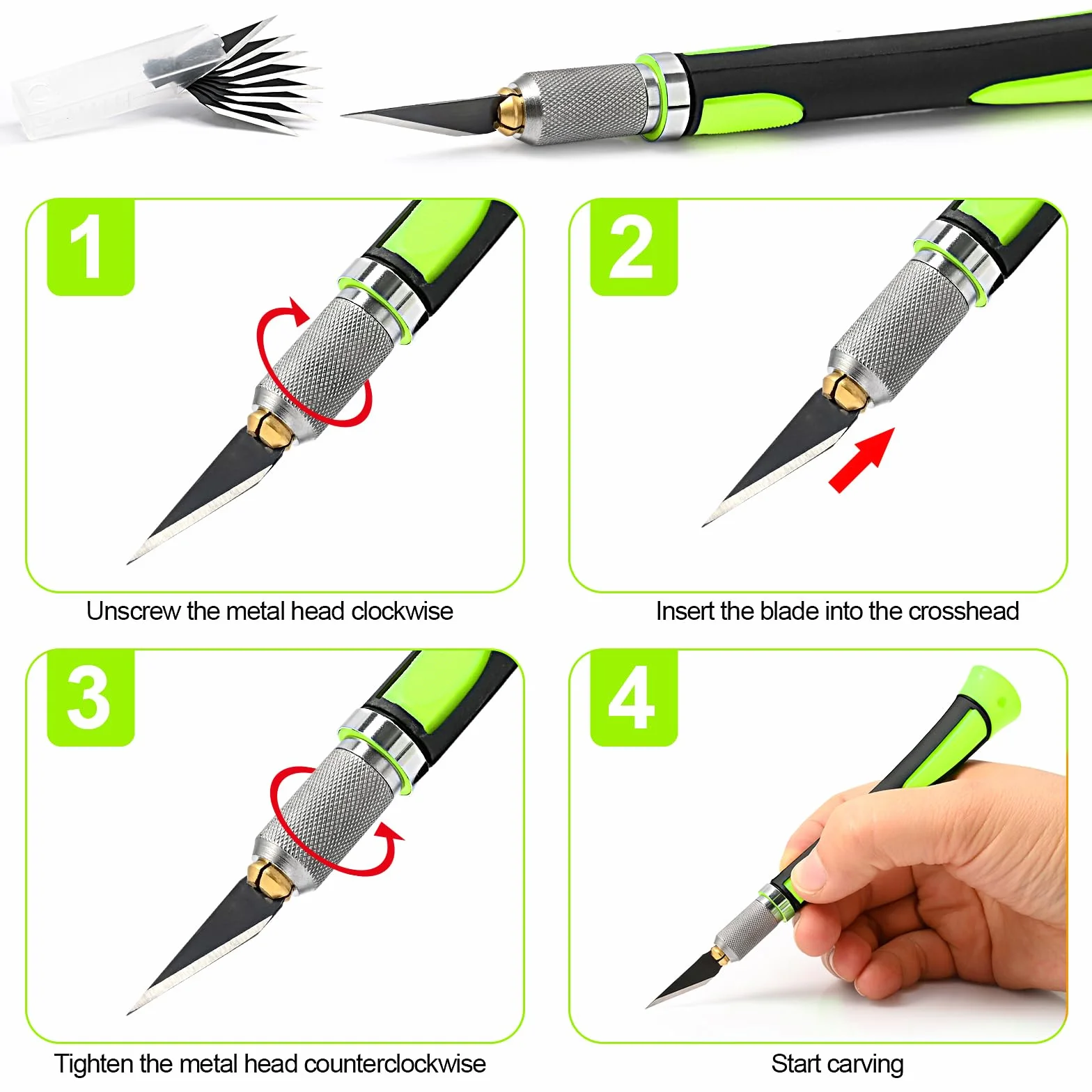 EHDIS Taglierino di Precisione con 10 Lame di Olio Antiruggine, Bisturi Modellismo di Gomma Antiscivolo, Cutter di Precisione, per Lavoro Artistico Taglio, Scultura, verde
