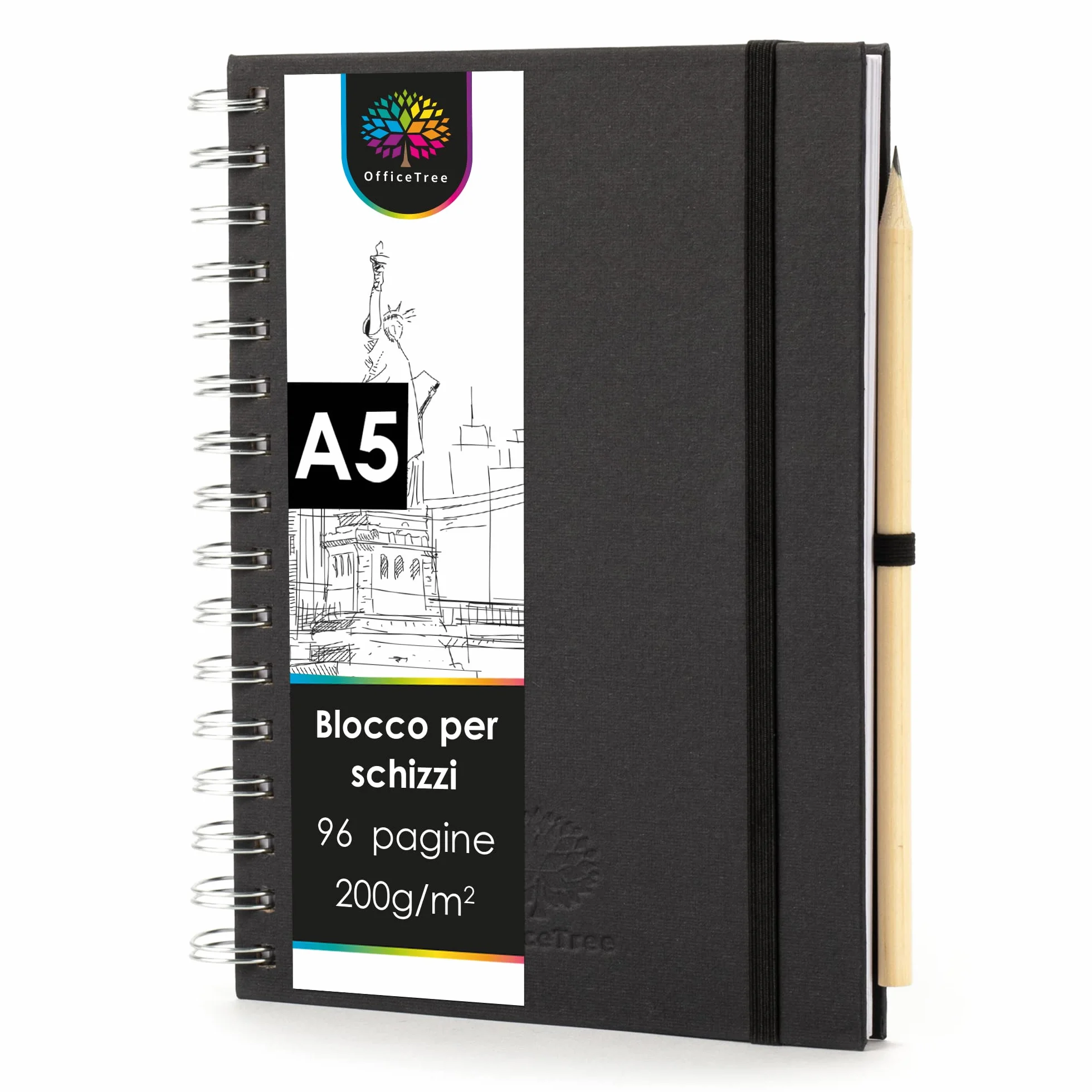 OfficeTree Taccuino per schizzi, formato A5, con rilegatura a spirale, formato verticale, 96 pagine, 48 fogli, A4, 200 g, carta bianca vergine, libretto per schizzi acquerello, matita inclusa