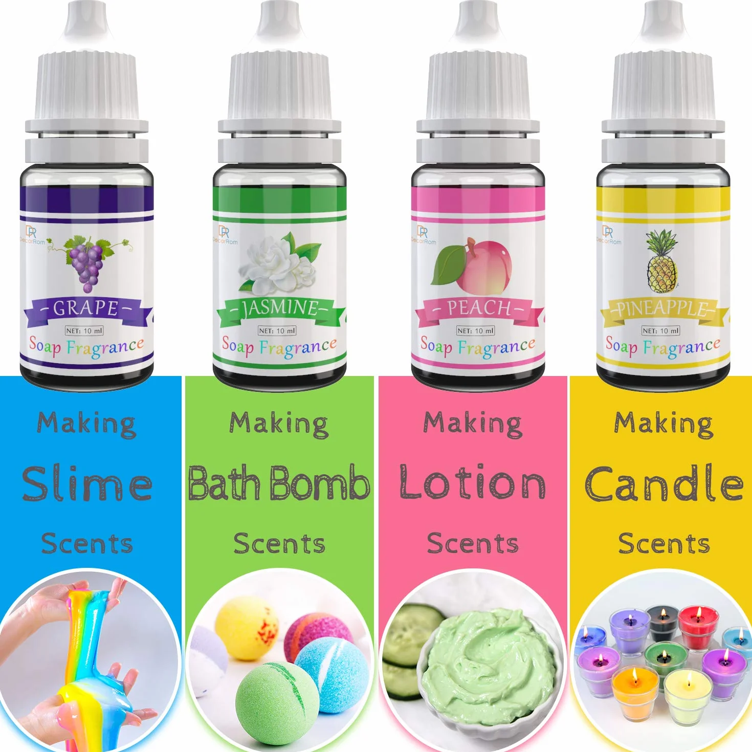 Oli Profumati per Sapone - 12 Oli Liquidi per Bomba da Bagno, Slime Fai da Te - Profumi Concentrati di Grado Alimentare per Cosmetici, Arte, Artigianato, Oli Essenziali - Flaconi di 10ml