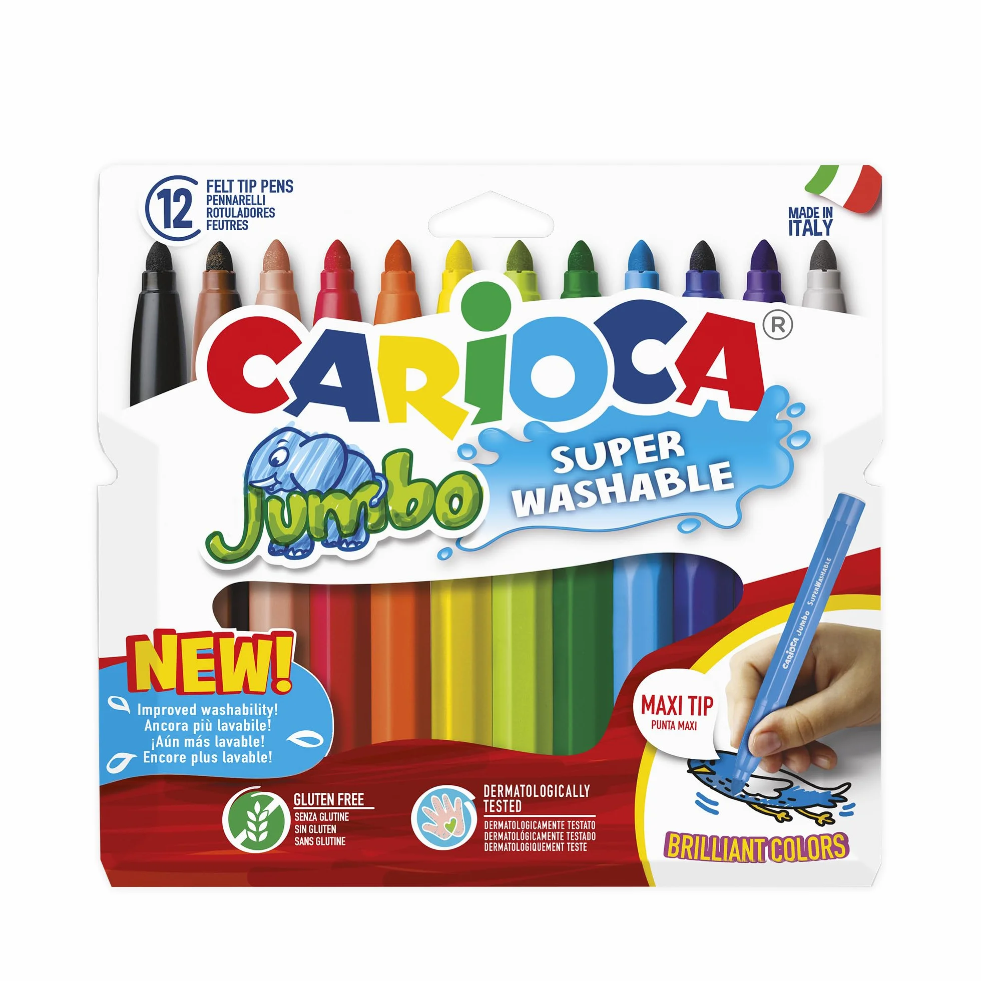 CARIOCA Pennarelli Jumbo Paperboard Wallet, Pennarelli Colorati per Bambini con Punta Maxi, Ideali per Disegnare e Colorare, Super Lavabili, Colori Assortiti, 12 Pezzi