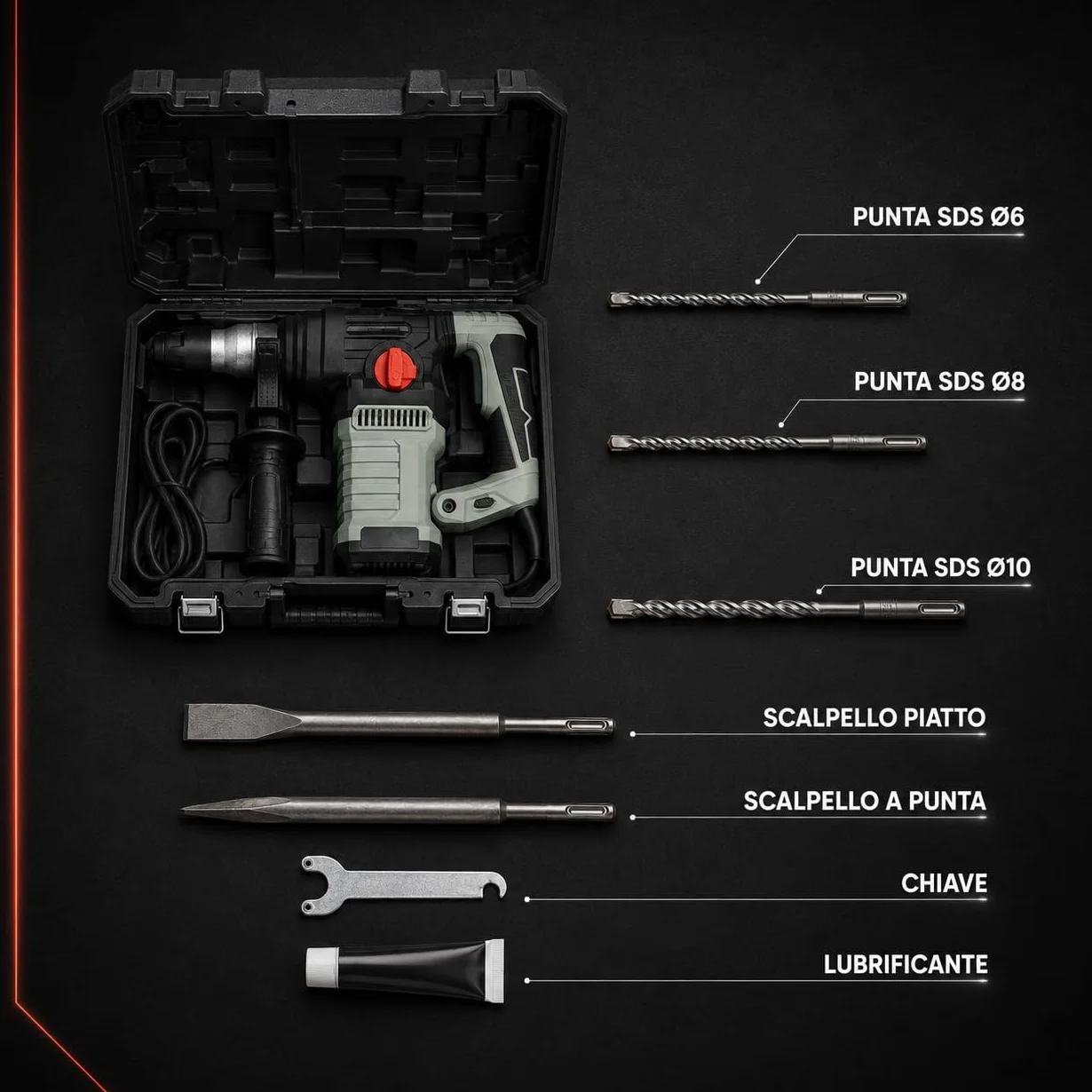 KOMBO - Martello Tassellatore SDS Plus 1500W con Valigetta e Accessori – 4 Funzioni: Rotazione, Percussione, Scalpellatura, Correzione – 6 Joule, 4000 colpi/min, 0–800 giri/min, Punta SDS, Cavo 1,8 m