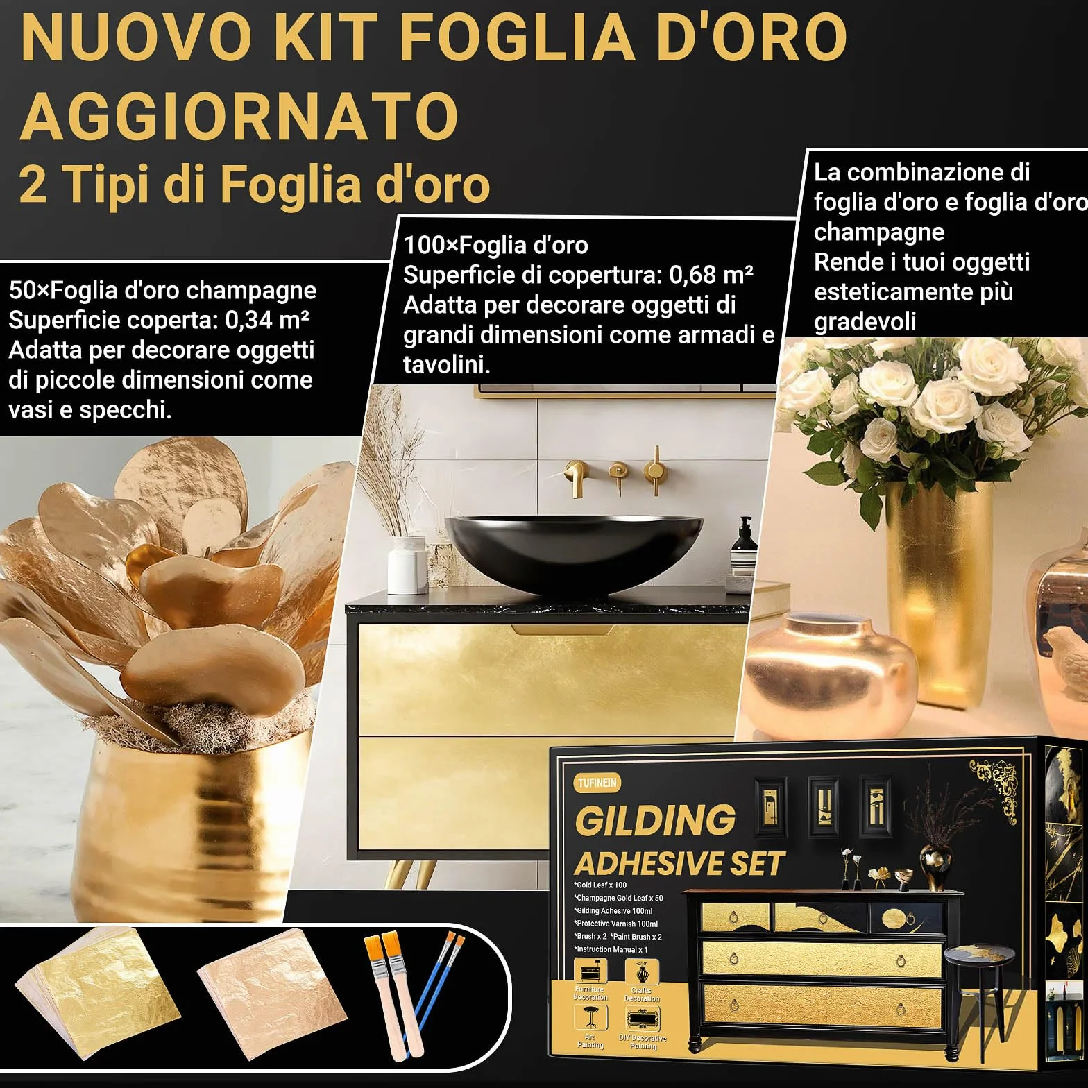 100ml Base d'Acqua Adesivo per Doratura e 100ml Vernice Protettiva, Foglia d'Oro e Champagne Oro Dorazione Kit, Mobili e Decorazione Artigianale, Pittura d'Arte, DIY Pittura Decorativa