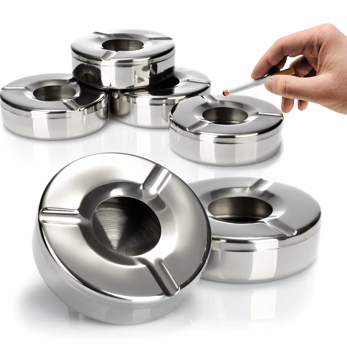 com-four® Posacenere in Acciaio Inox con Coperchio Rimovibile Ø 11 cm - 6 Pezzi