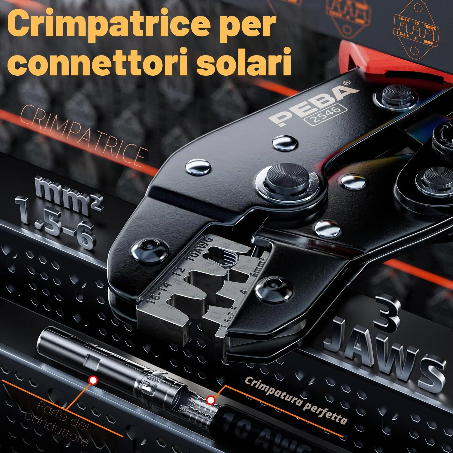 PEBA Set di Pinze Crimpatrici Solari, Pinza Crimpatrice Solare per 1.5-2.5/4.0/6.0 mm² Cavo PV, Incl. Crimpatrice + Pannello Solare Connettori Fotovoltaico+ Chiave Inglese per Cavo di Collegamento