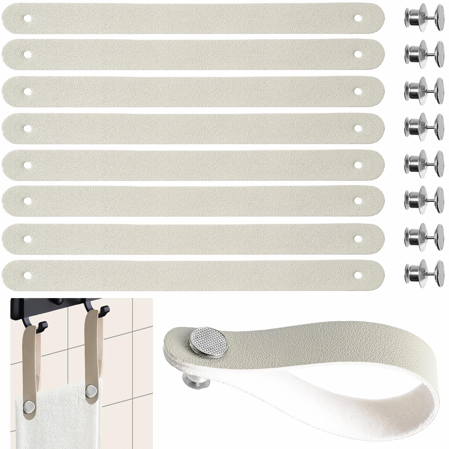 Ganci per Tessuti Senza Cuciture 8 Pezzi 15x1.2cm Pelle PU Chiusura a Bottone Ganci Asciugamani Beige