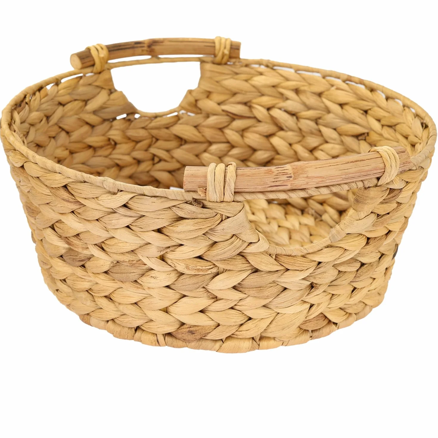 HMF Cesto portaoggetti rotondo, cesto regalo intrecciato in giacinto d'acqua con manici in legno | 30 x 12 cm