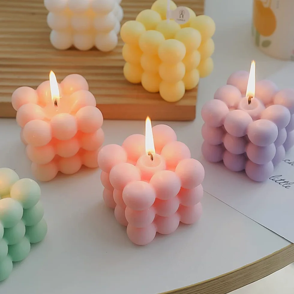 Set di 6 Stampi, per Candele Cubo a Bolle 3D, in Silicone Rosa con 100 Stoppini e Porta Stoppino, per candele profumate fai da te, sapone