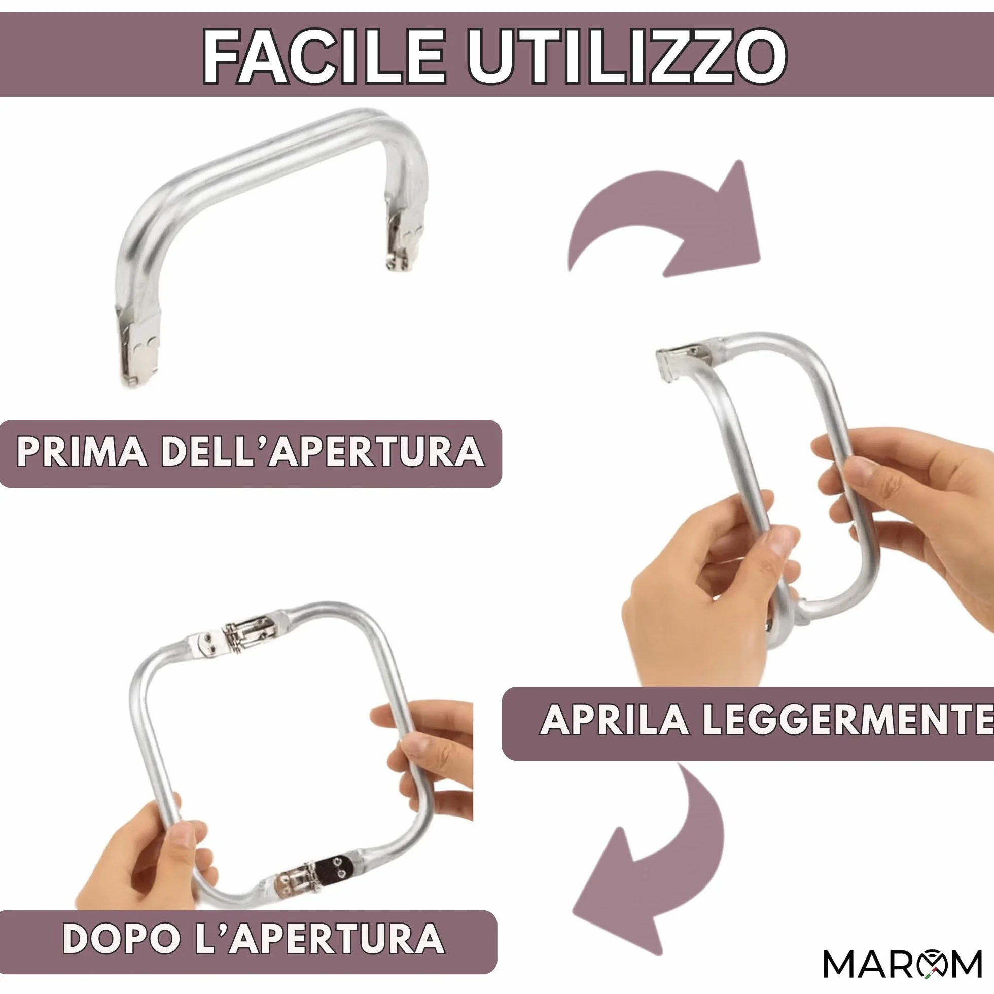 MAROM - Chiusura Borsa Uncinetto A Molla in Alluminio, 4 Manici per Borse Uncinetto Fai da Te 16cm, 18cm, 20cm e 22cm + EBOOK in Omaggio sulla Creazione della Tua Clutch Bag
