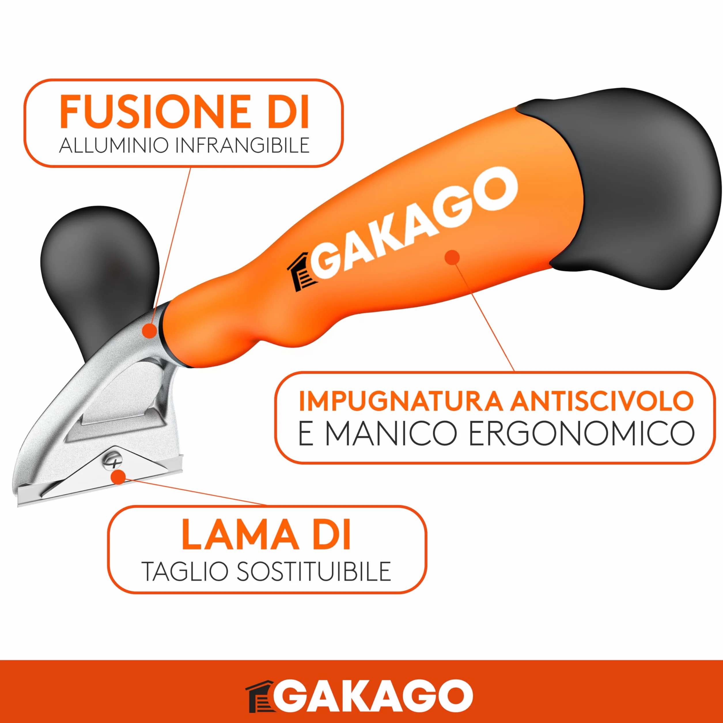 Gakago Raschietto - Lama di alta qualità da 65 mm in resistente carburo di tungsteno - Raschietto universale ergonomico e antiscivolo per legno, metallo, cemento o pietra