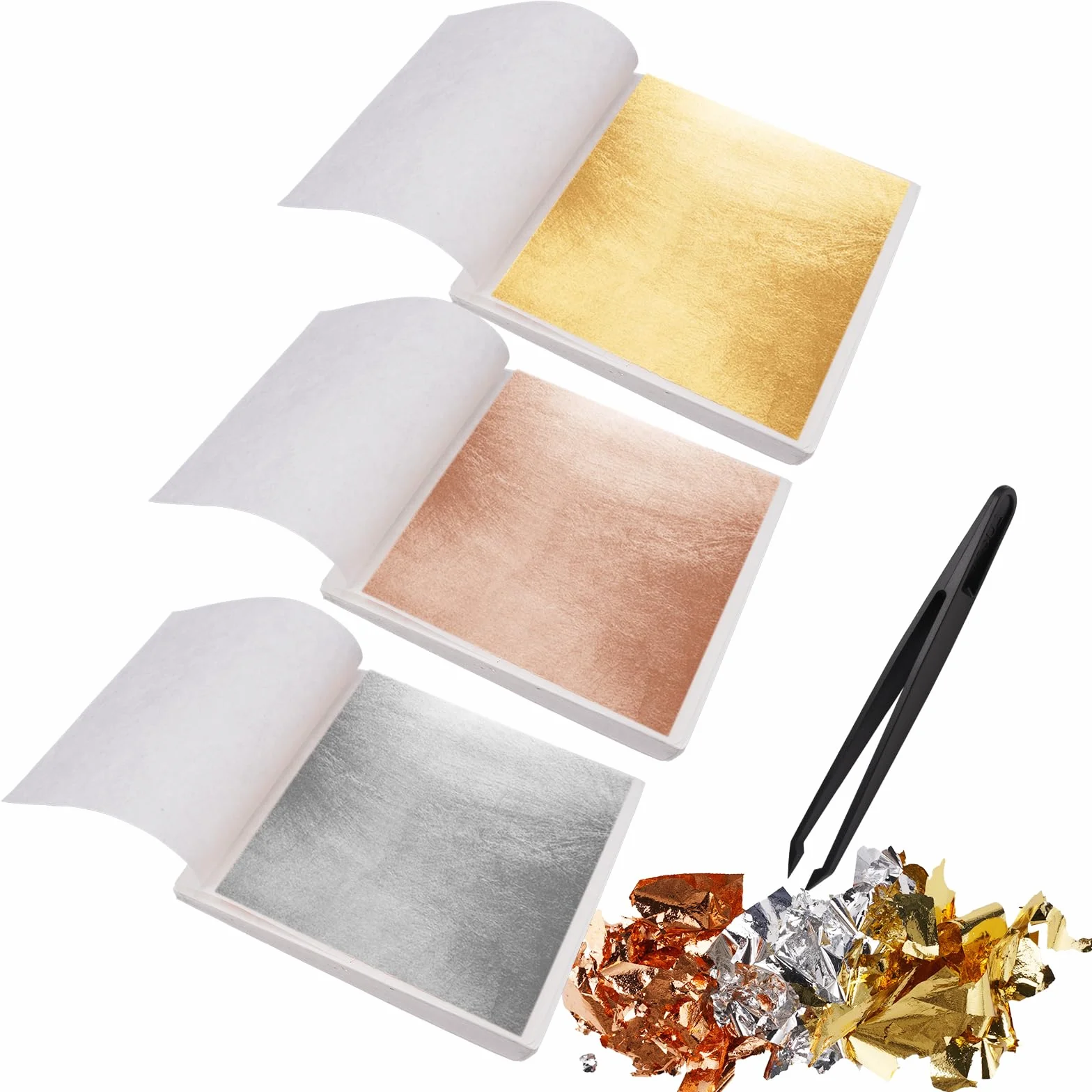 300 Pezzi Foglia Oro Imitazione Decorazione, 8 x 8,5 cm Fogli di Alluminio Dorati, Foglia D'oro Lamina D'oro Oro Rosa Argento, Foglie Imitazione con Pinzette, Ideali per Artigianato, Nail Art, Pittura