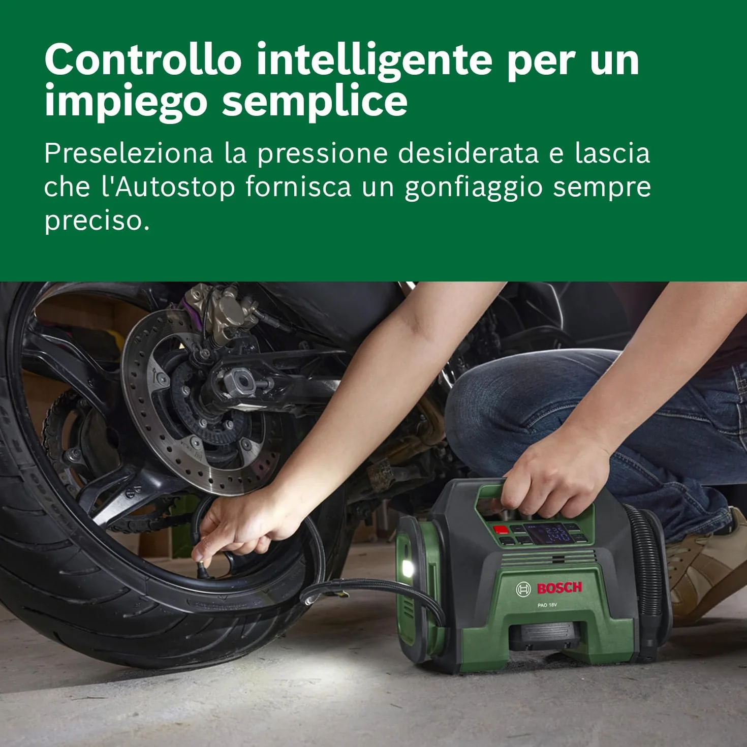 Bosch Compressore d'aria a batteria PAO 18V (dagli pneumatici ai grandi gonfiabili; incl. clip della pompa dell'aria per valvola degli pneumatici, valvola Presta, ago per palloni, adattatore volume)