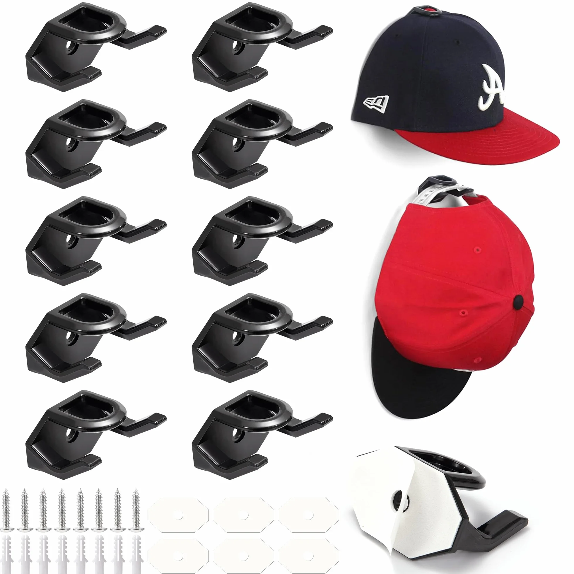 Porta Cappelli da Parete Autoadesivo Nero 16 Pezzi per Berretti da Baseball