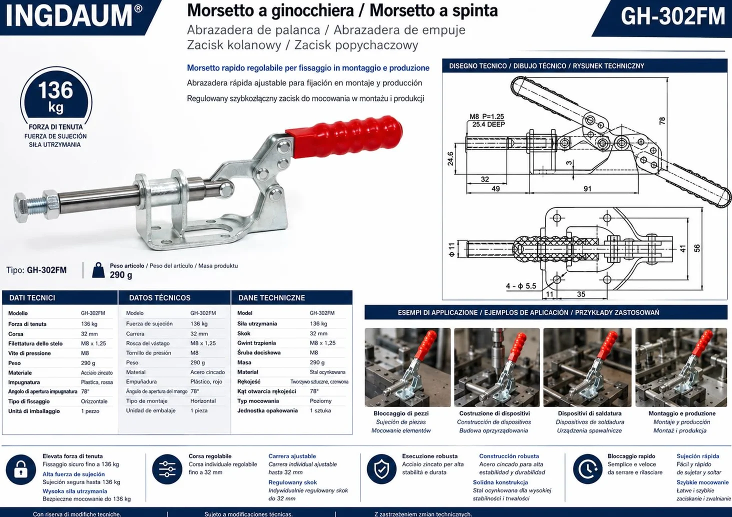 Morsetto a ginocchiera INGDAUM® 1 pezzo con asta di spinta GH-302FM, forza di tenuta 136 kg (1, GH-302FM)
