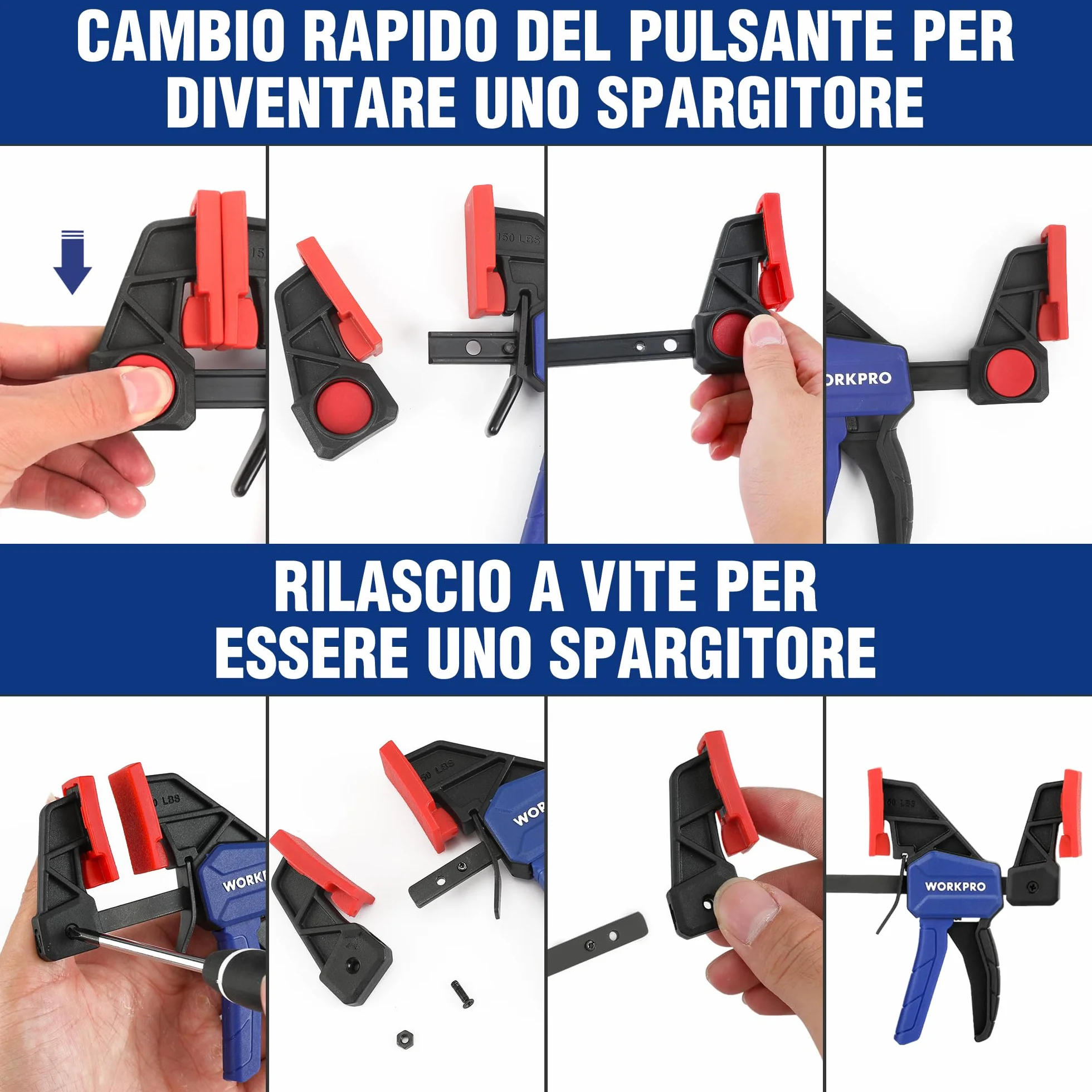 WORKPRO Set di Morsetti da Falegname a 4 Pezzi, Morsa Regolabile con Apertura 120/150 mm, Estensibilità 200/285 mm, Forza di Serraggio 23/68 kg, Realizzati in Acciaio e Nylon per una Fissaggio Preciso