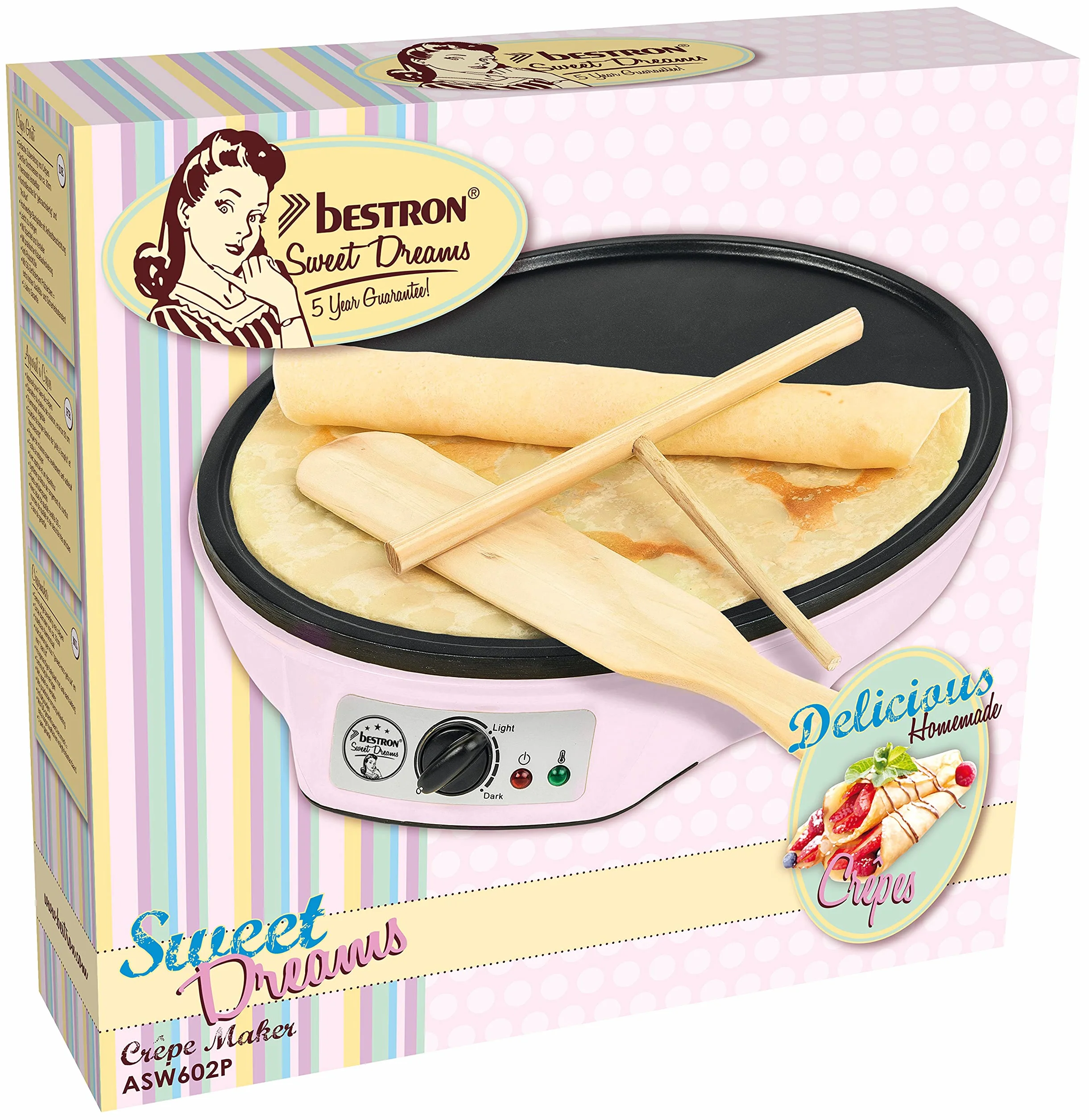 Bestron Macchina per crêpes retrò 30 cm 1000W antiaderente Rosa con spargitore e giratorta