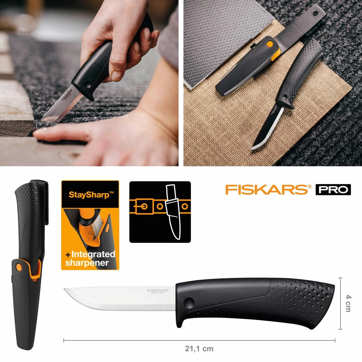 Fiskars Coltello per lavori fai-da-te, Include fodero con affilalama, Lunghezza totale: 21,1 cm, Nero, 1023617