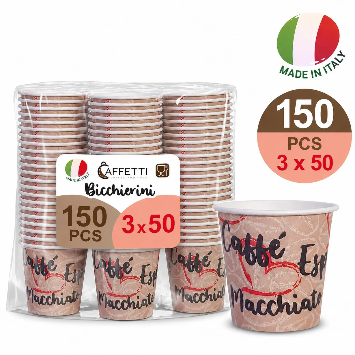 Caffetti Carta Bicchierini Caffè 90 ml Made in Italy 150 Pz Monouso Espresso
