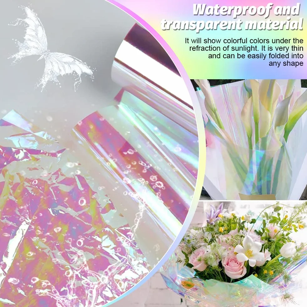THATSRAD 20 Fogli di Cellophane Trasparente Iridescente per Confezioni 52x60 cm Iridescente Film da Imballaggio in Cellophane Involucro di Cellophan e per Imballaggio per Fiori Regali Cesti