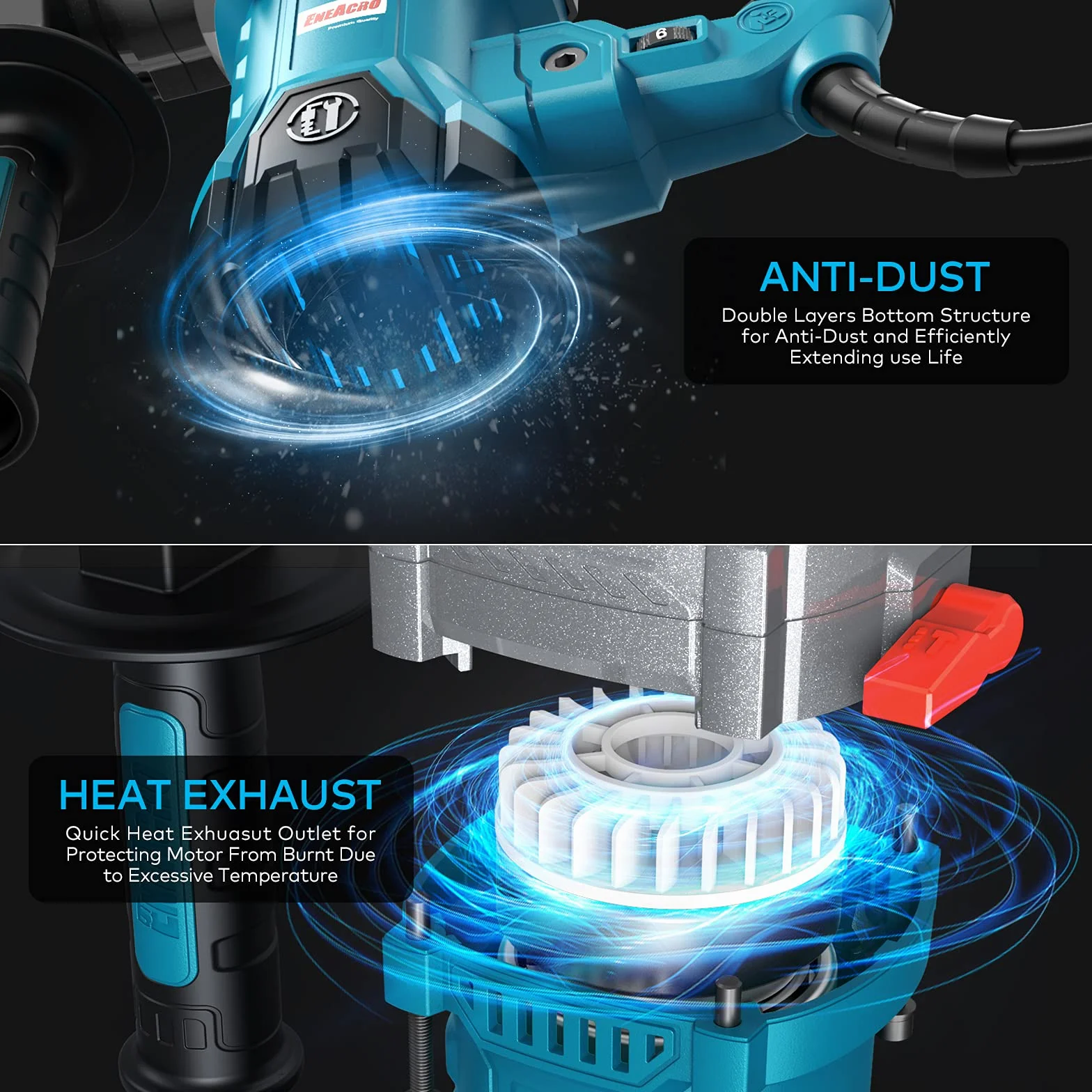 ENEACRO Martello Perforatore, 1500W Martello Demolitore 6J, SDS Plus Mandrino, 4 Funzioni, 6 Velocità Variabili 0-920giri/min, Sistema di Smorzamento Delle Vibrazioni e Frizione di Sicurezza Blu