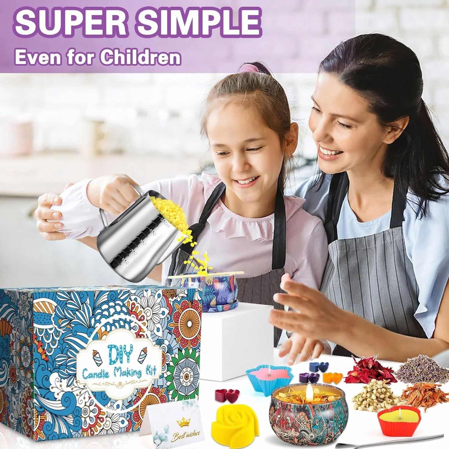 NCKIHRKK Kit per Fabbricazione Candele,Kit per Candele Fai da Te,Kit per Fusione Cera per Principianti DIY Set Regalo con Cera di Soia,8 Candele Barattoli,8 Coloranti,3 Stampo in Silicone,30 Stoppini