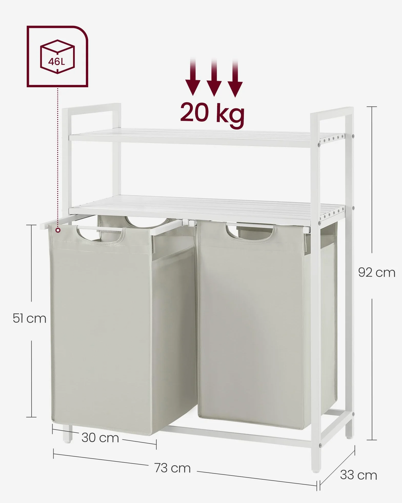 VASAGLE Cesto Portabiancheria, Porta Biancheria con 2 Sacchi Estraibili e Rimovibili, 2 Ripiani Portaoggetti, 46L per Sacco, per Bagno, Lavanderia, Bianco BLH211W01