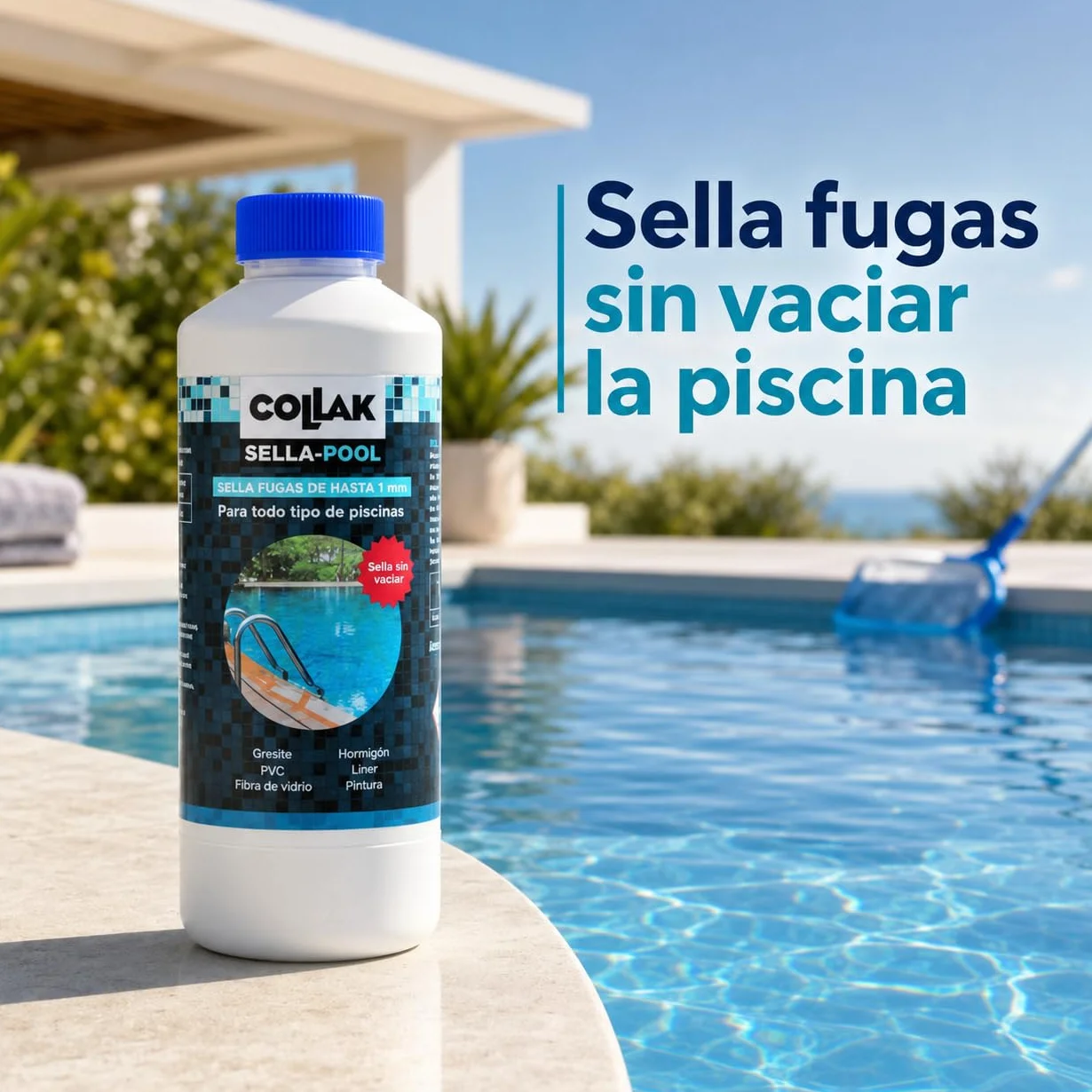 Collak Sigillante per perdite per piscina Seala-Pool 1L - Ripara crepe senza vuoto - Compatibile con Liner, Calcestruzzo, PVC, Fibra, SPA, Serbatoi e Tubi - Uso professionale e domestico