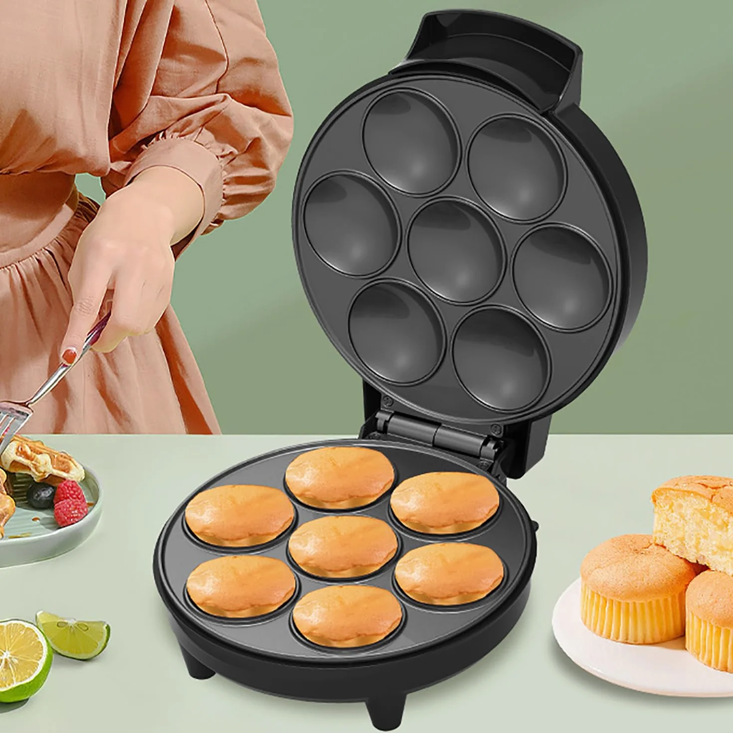 Macchina per cupcake elettrica, macchina per torte con rivestimento antiaderente da 1000 W, riscaldamento su entrambi i lati per 7 cupcake, adatta per cotture di compleanni, snack e dessert