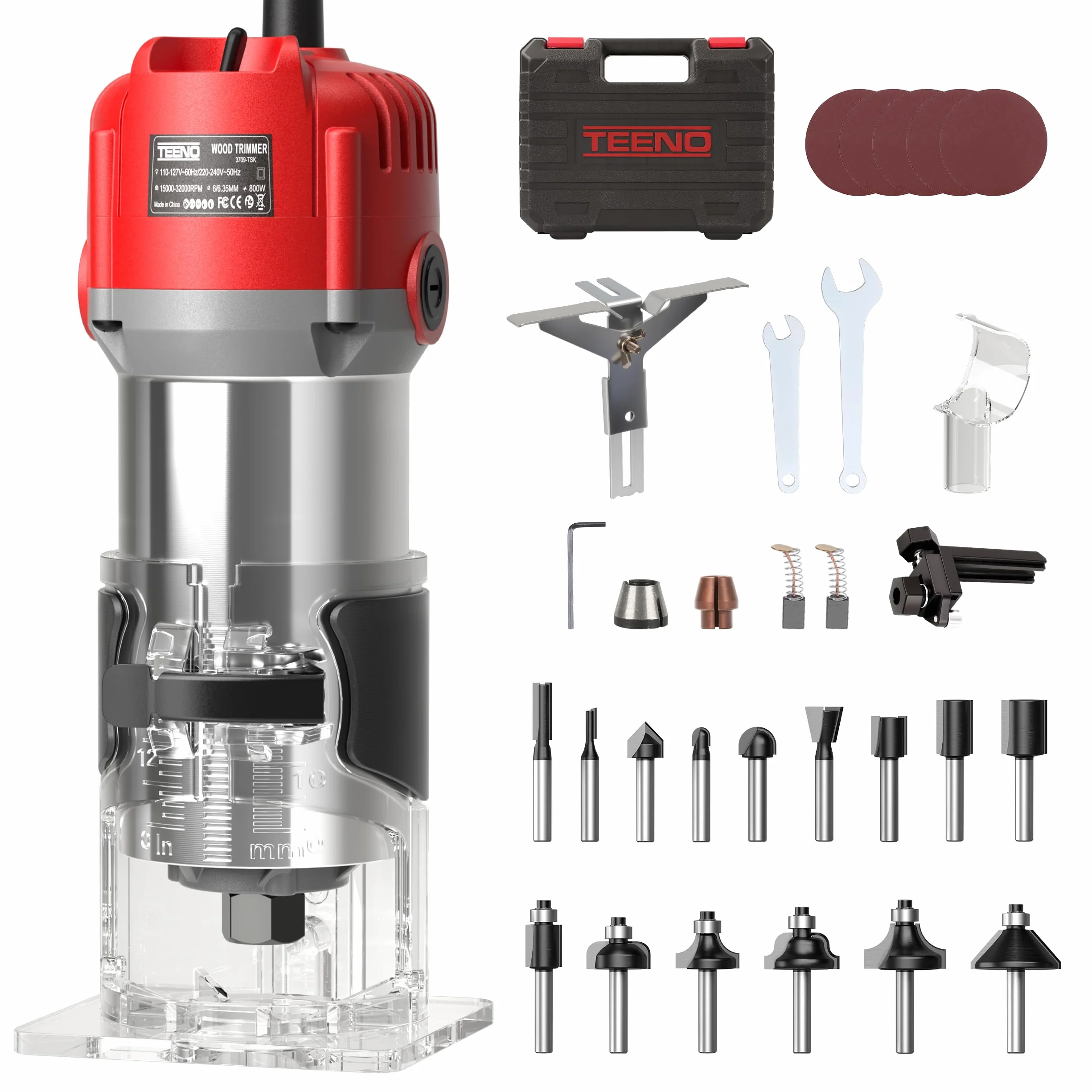 TEENO Rifilatore Fresatrice Verticale per Legno 800W 15000-32000 RPM, 6 Velocità Variabili Legno Rifilatrice Elettrica,32 Accessori,15 pezzi 1/4" Fresatura Cuter, Mandrino 6/6.35,SCATOLA DI PLASTICA