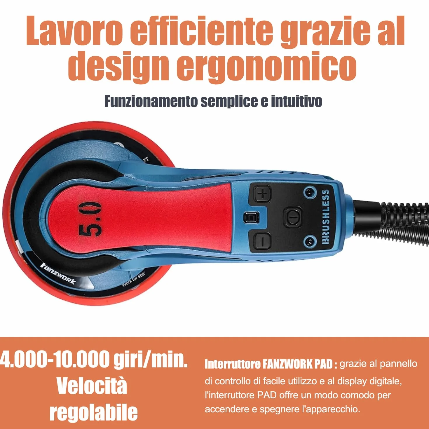 FANZTOOL Levigatrice Orbitale Senza Spazzole 350W 150mm 5,0mm 7 Velocità 18 Dischi Abrasivi Valigetta