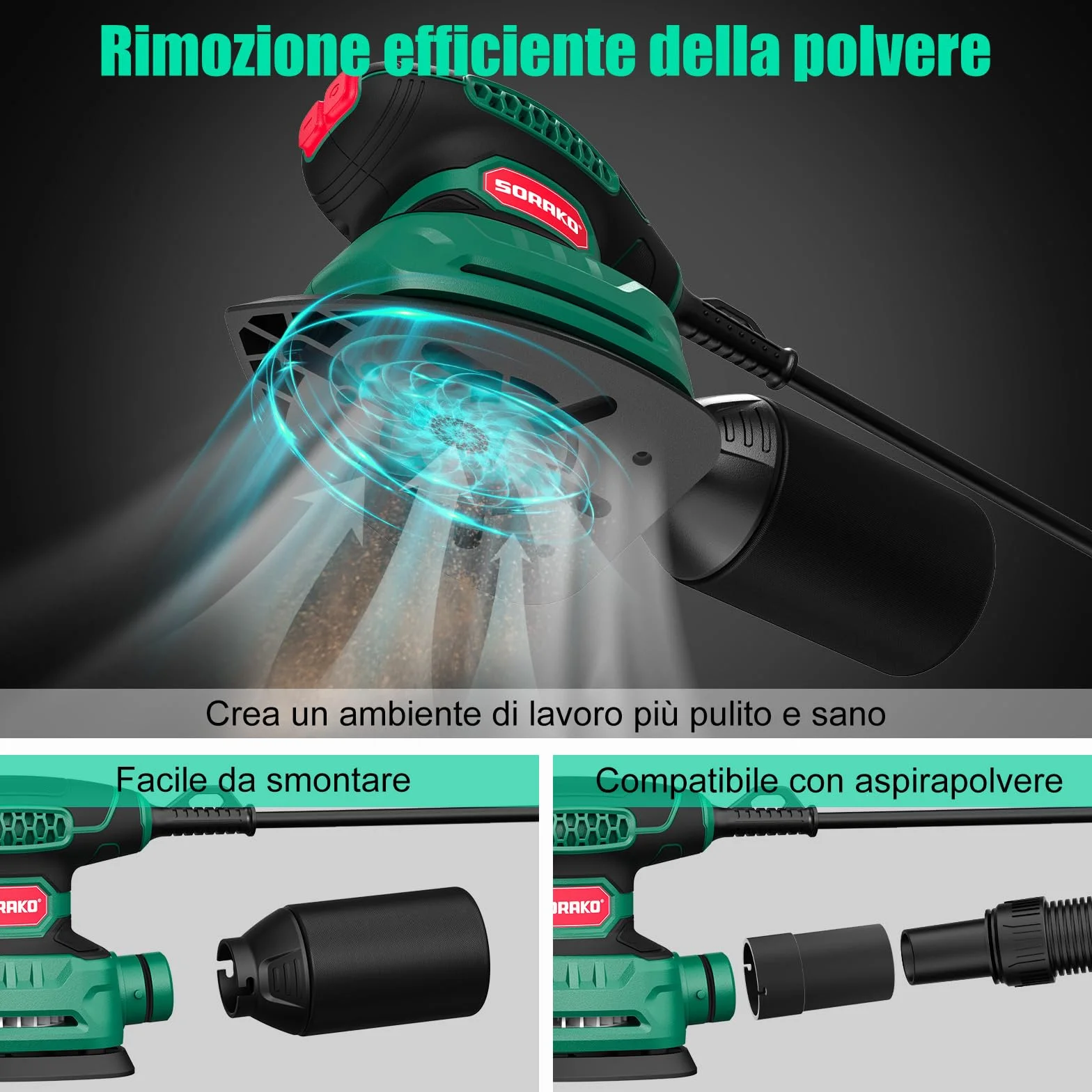 SORAKO Levigatrice Mouse 220W 14000 OPM con Sacchetto Raccoglipolvere e Carta Abrasiva