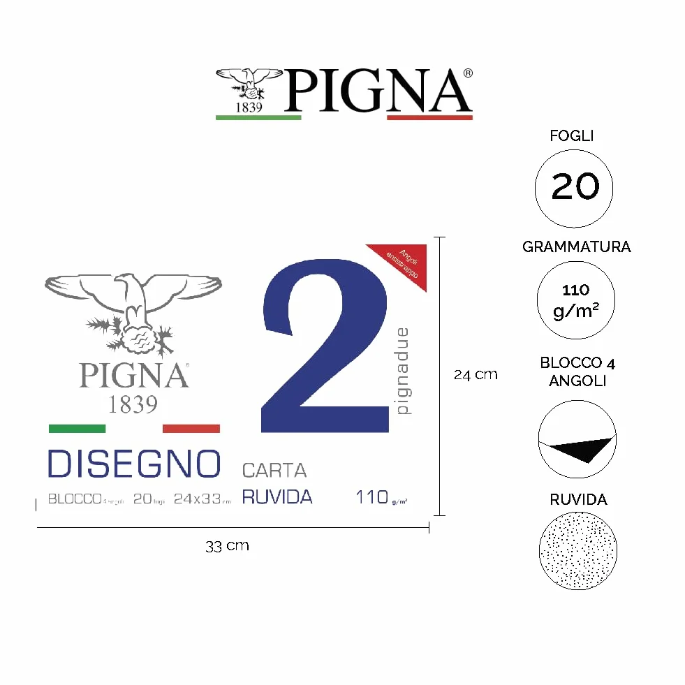 Pigna Blocco da Disegno PignaDue 24x33 cm 20 Fogli 110 g/m² Carta Ruvida