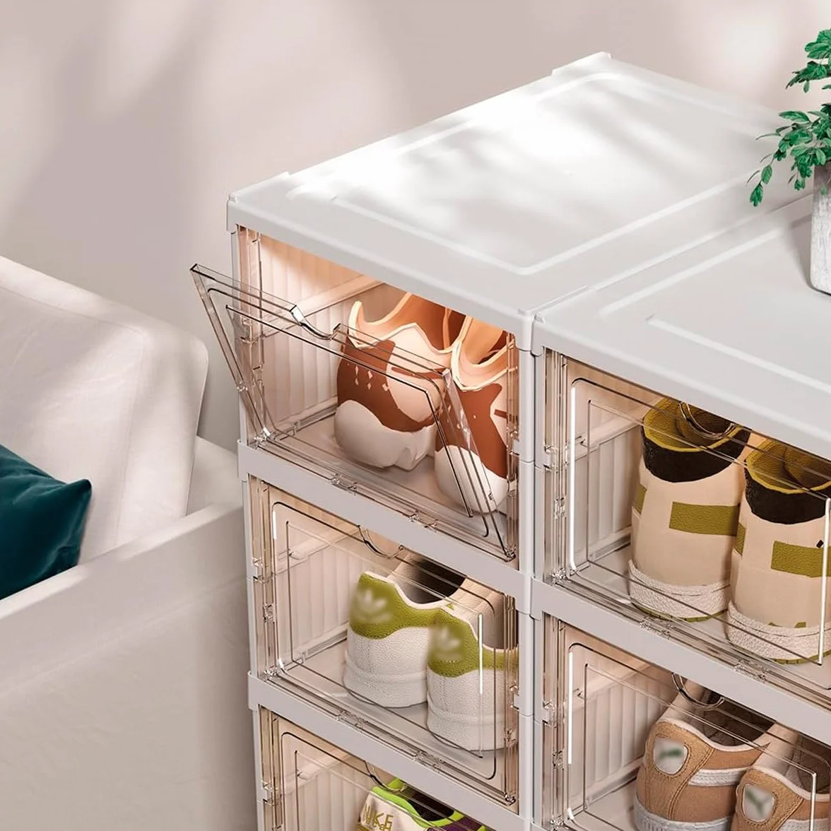 Scarpiera Salvaspazio Pieghevole. Scaffale Plastica Organizzatore di Scarpiere Per Ingresso, Armadio e Corridoio. Scatole Porta scarpe Impilabili Con Porta. (x 6 Scomparti)