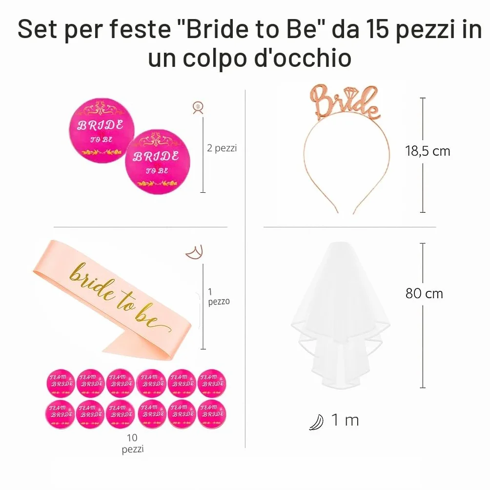 Set Accessori Sposa Addio al Nubilato con Diadema BRIDE, Velo, Fascia Bride to Be, 12 Adesivi