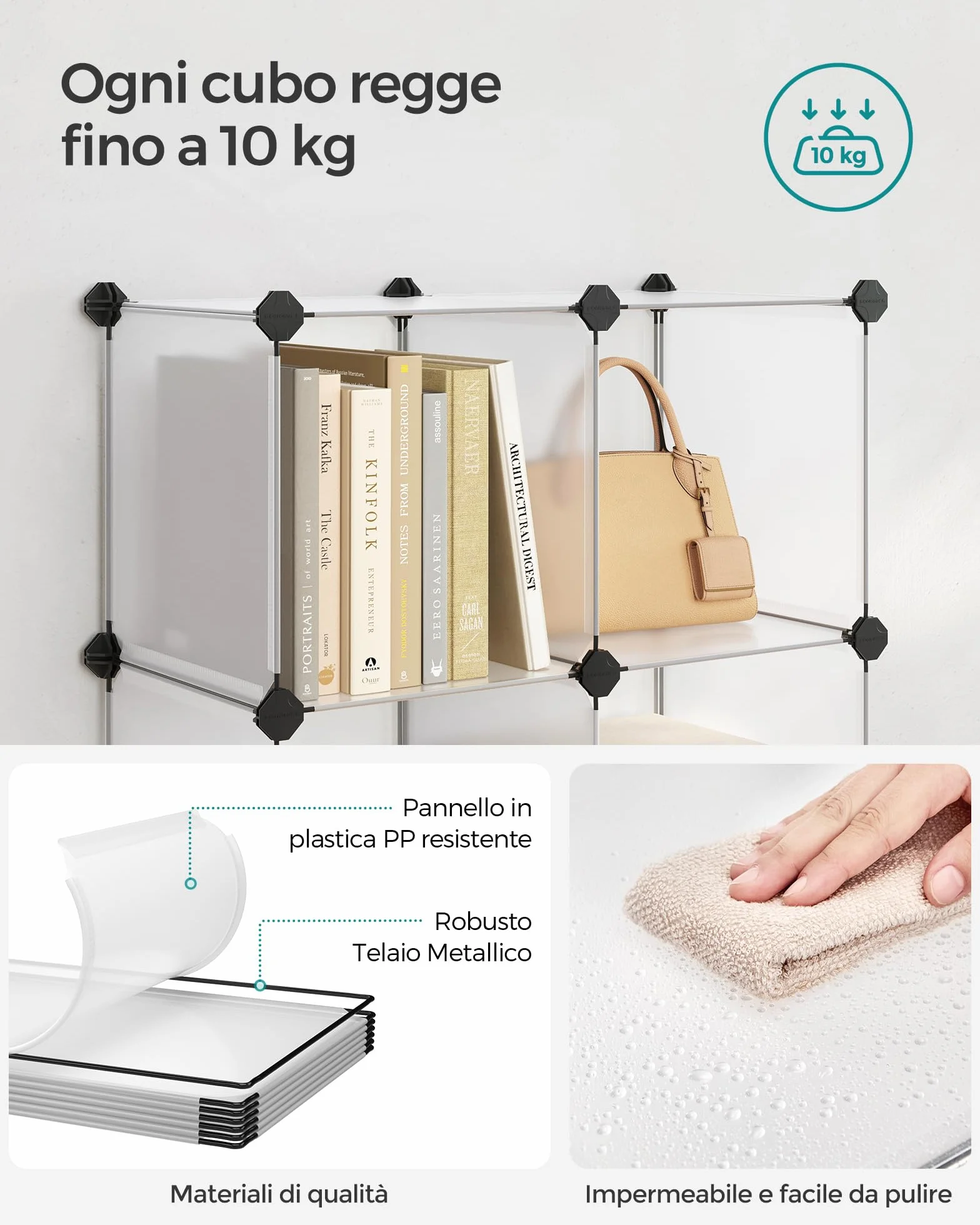 SONGMICS Scaffale a 6 Cubi, Organizzatore Modulare, Portaoggetti in Plastica con Piedini, Scarpiera, Cubo 30 x 30 x 30 cm, Soggiorno, Camera da Letto, Martello di Gomma, Bianco LPC111S