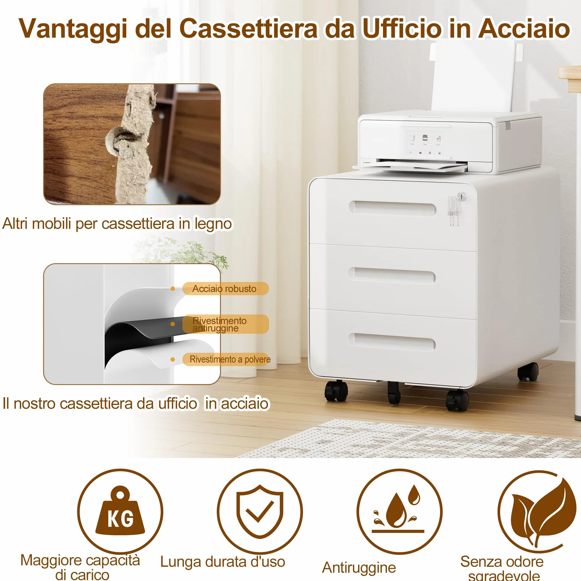 Cassettiera Scrivania Mobile in Acciaio con Serratura 3 Cassetti 46x40x50 cm Bianco