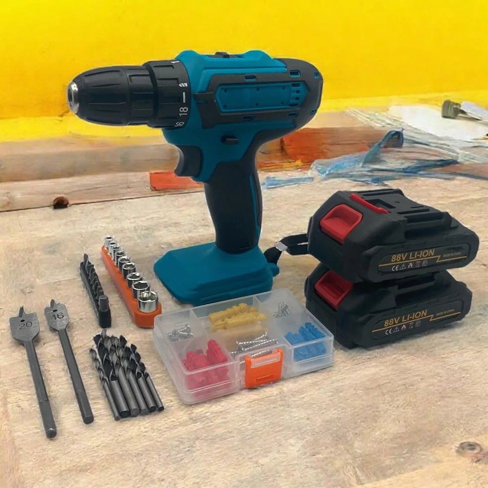 Kit Valigetta Attrezzi da 100 Pezzi con Trapano Avvitatore e Batterie da 88V con Martello Chiave Inglese Pinze e Seghetto