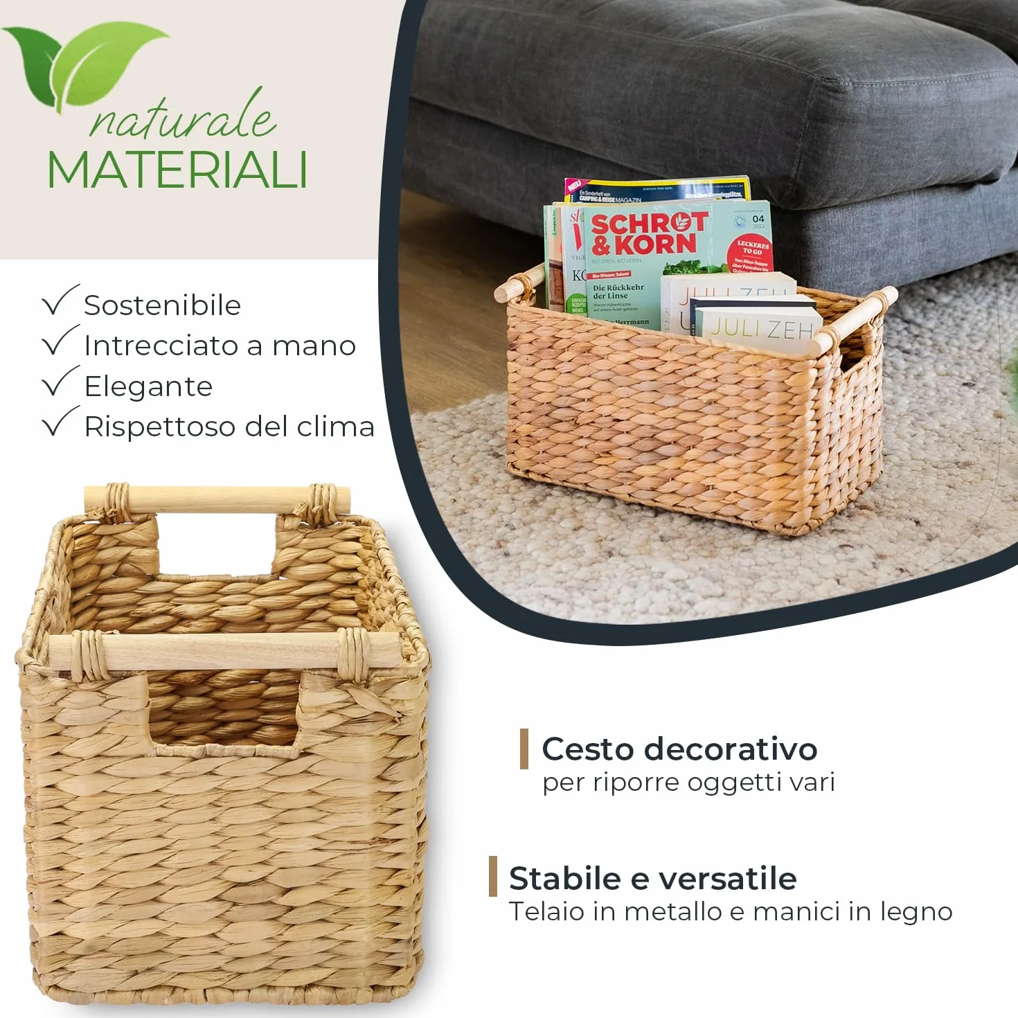 Cesto portaoggetti intrecciato in giacinto d'acqua con manici in legno 37 x 22 x 20 cm naturale