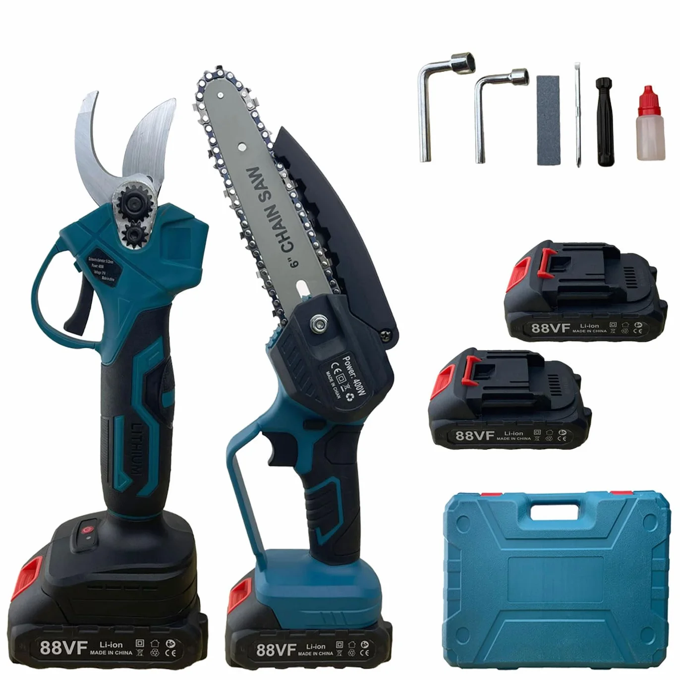 Set da potatura a batteria, forbici potatura a batteria 88v e motosega a batteria 88V da 6 pollici, il kit comprende 2 batterie da 88V e valigetta Potatura Giardino Rami Arbusti Vigneto