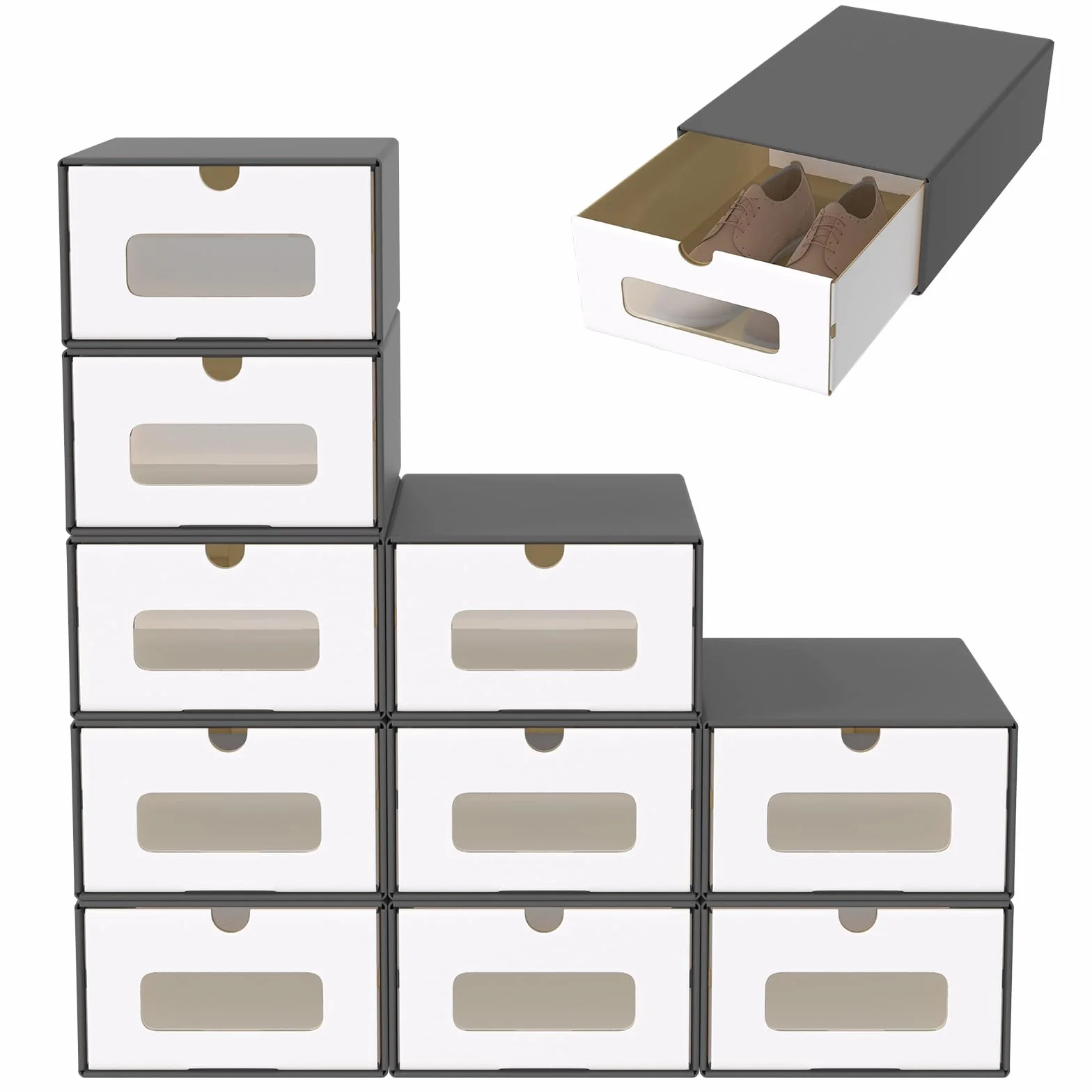 ACXIN Set di 20 scatole per scarpe, impilabili, cassetti con finestra trasparente, cartone in carta kraft, 34,5 x 23,5 x 13,5 cm, colore: antracite