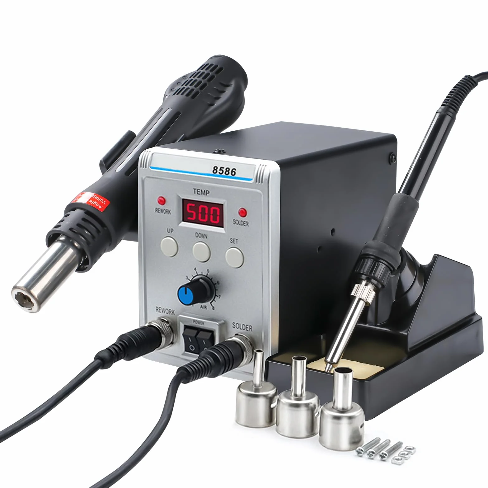 Stazione di saldatura ad aria calda, 700 W, 8586, set di saldatori Rework Station con 3 ugelli dell'aria – 5 mm, 8 mm, 10 mm, indicatore digitale della temperatura regolabile 100 ~ 500 °C
