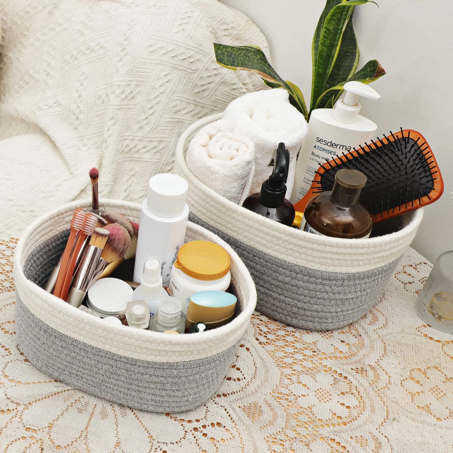 Lannvan Set di 5 Cestini Portaoggetti,Cestino Portaoggetti Intrecciato in Corda di Cotone per Bambini Bambina,Impilabile Organizer Fasciatoio,Cesto Portaoggetti Ceste Portaoggetti per Bagno
