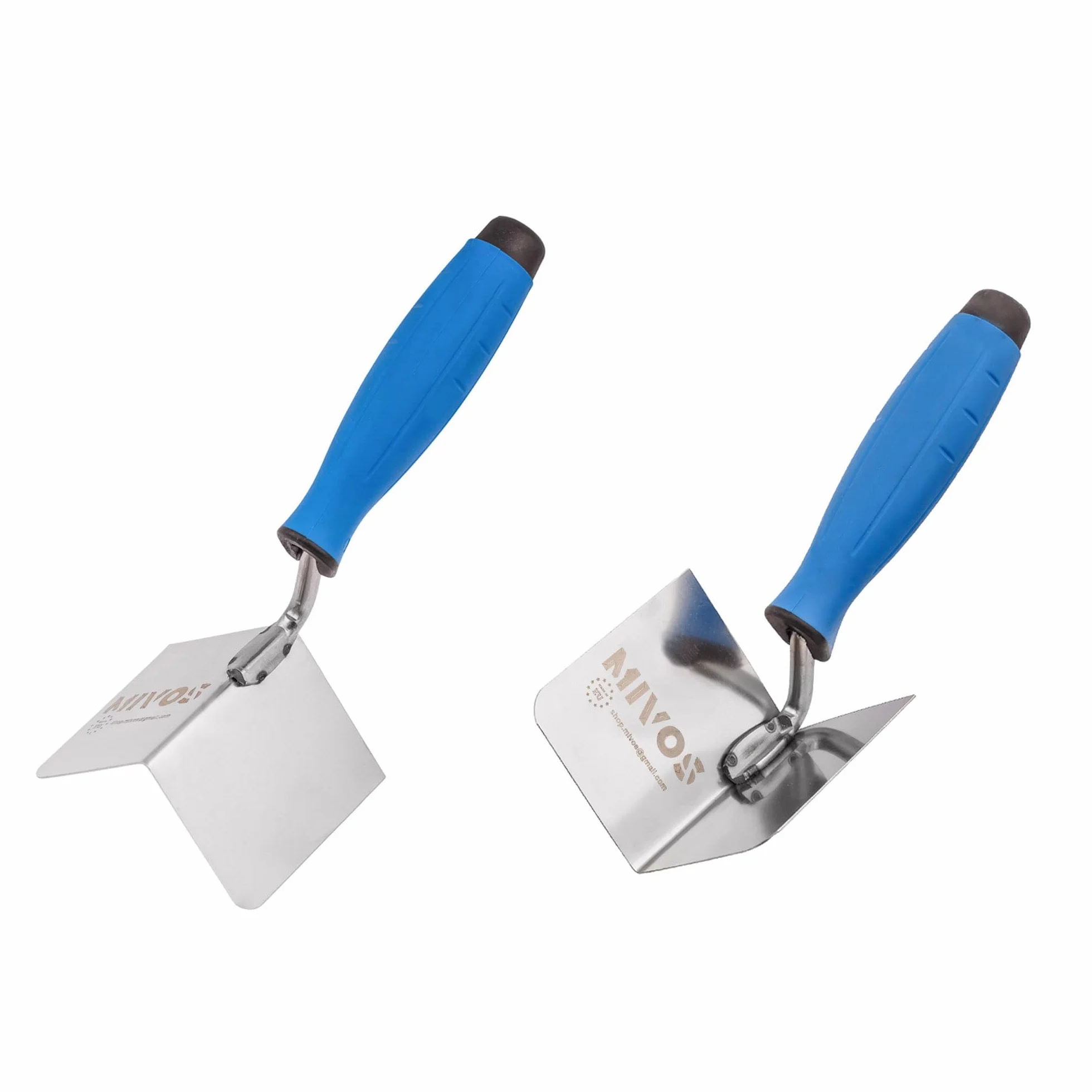 Mivos 2x Cazzuola Angolare Antiruggine 80 x 60 mm - Cazzuola Angolare Interna ed Esterna in Acciaio Inox - Spatole Angolari per Bordi Interni ed Esterni con Impugnatura Morbida - Spatola Angolare
