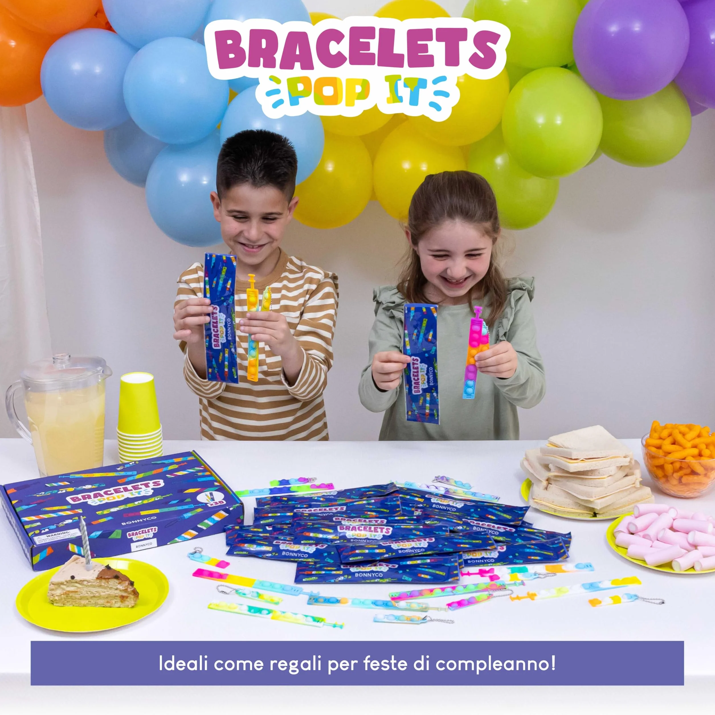 BONNYCO Braccialetti e Portachiavi Pop It, 30 Pezzi Regalini Fine Festa Bambini Fidget Toys
