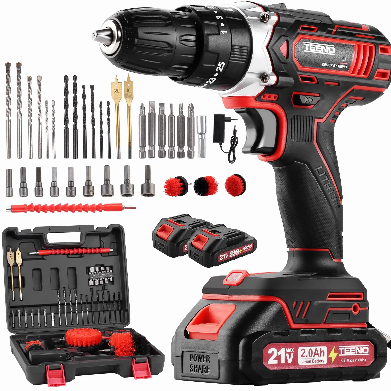 TEENO Trapano a Percussione a Batteria 21V, 45 Nm Avvitatore a batteria con spazzole,Compatibile con le Makita 2 batterie 2,0 Ah, 25+3 Impostazioni di Coppia,3 spazzole per la pulizia,2 Velocità, LED