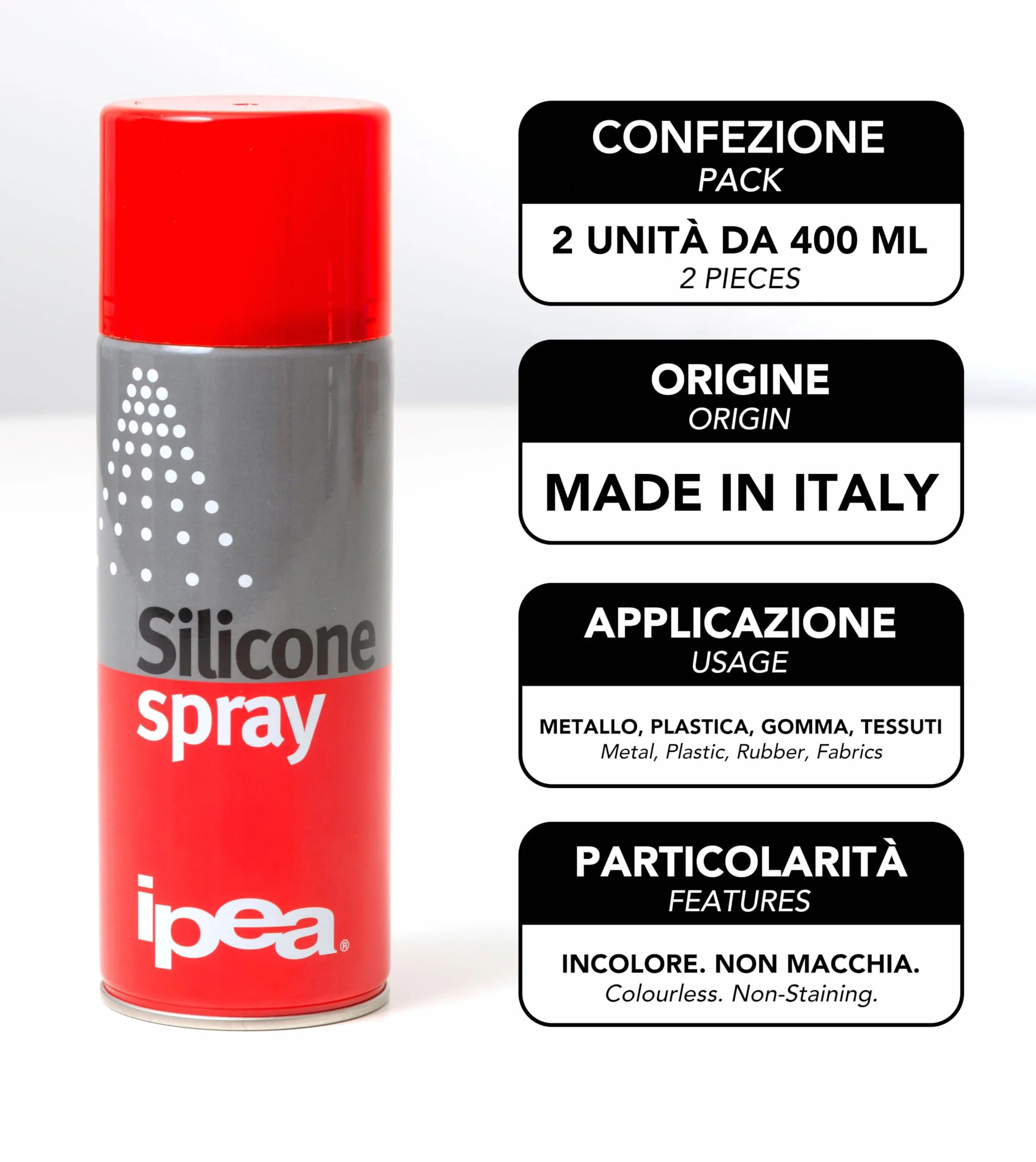 IPEA Spray al Silicone Lubrificante Protettivo Antiadesivo 400 ml 800 ml Bomboletta Spray Multiuso Incolore per Metallo Gomma Plastica Legno Tessuti Elettrodomestici