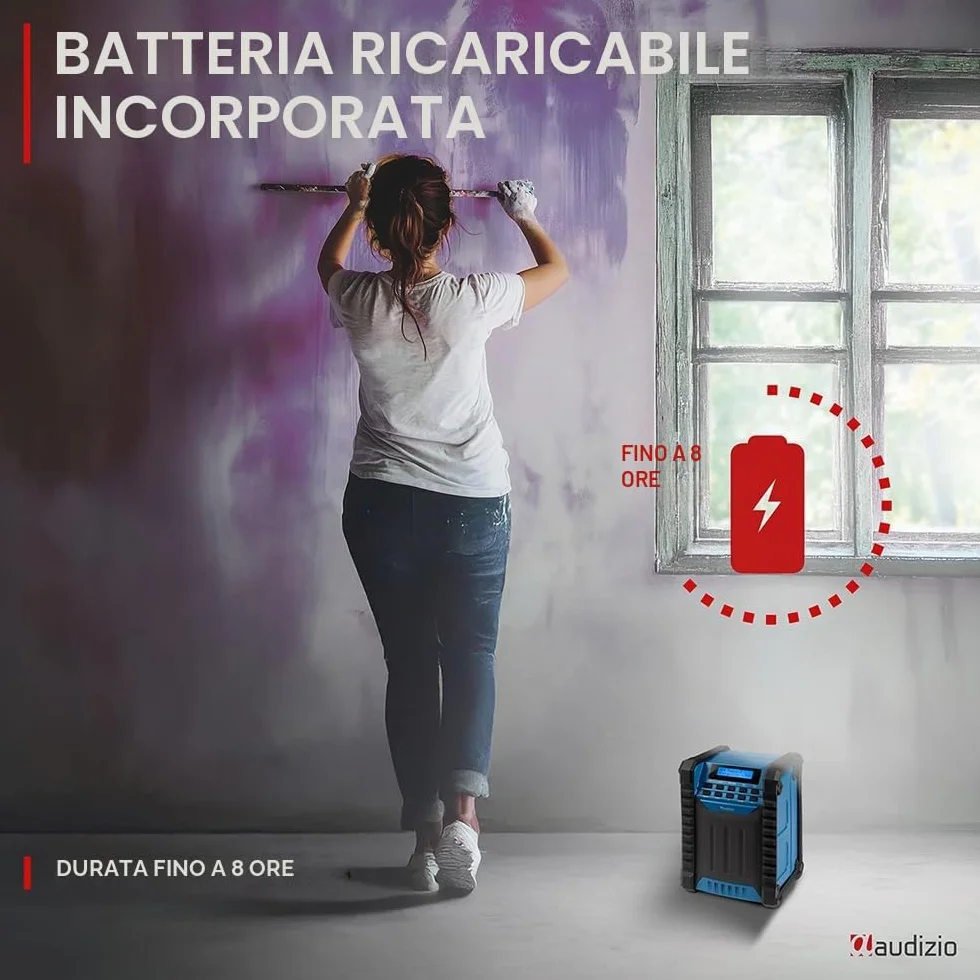 Audizio Temi Radio da Cantiere Dab+ con Batteria - IP54, Bluetooth 5.0, Autonomia 8H, FM, 40 Stazioni Memorizzabili, Ingresso AUX, Ideale per Ascoltare le Tue Stazioni Preferite Durante i Tuoi Lavori