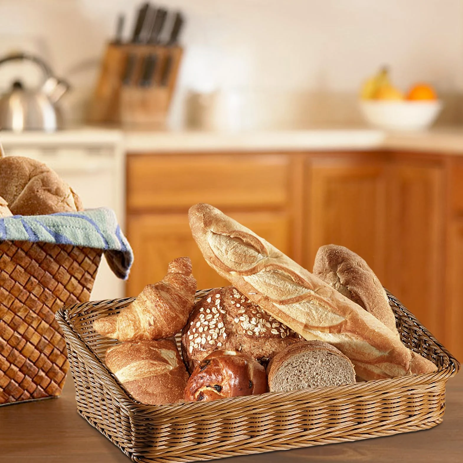 Cesto portaoggetti in rattan, 40 x 30 x 12 cm, rettangolare, in rattan, per conservare frutta e pane, cestino da bagno, articoli da cucina e decorazioni