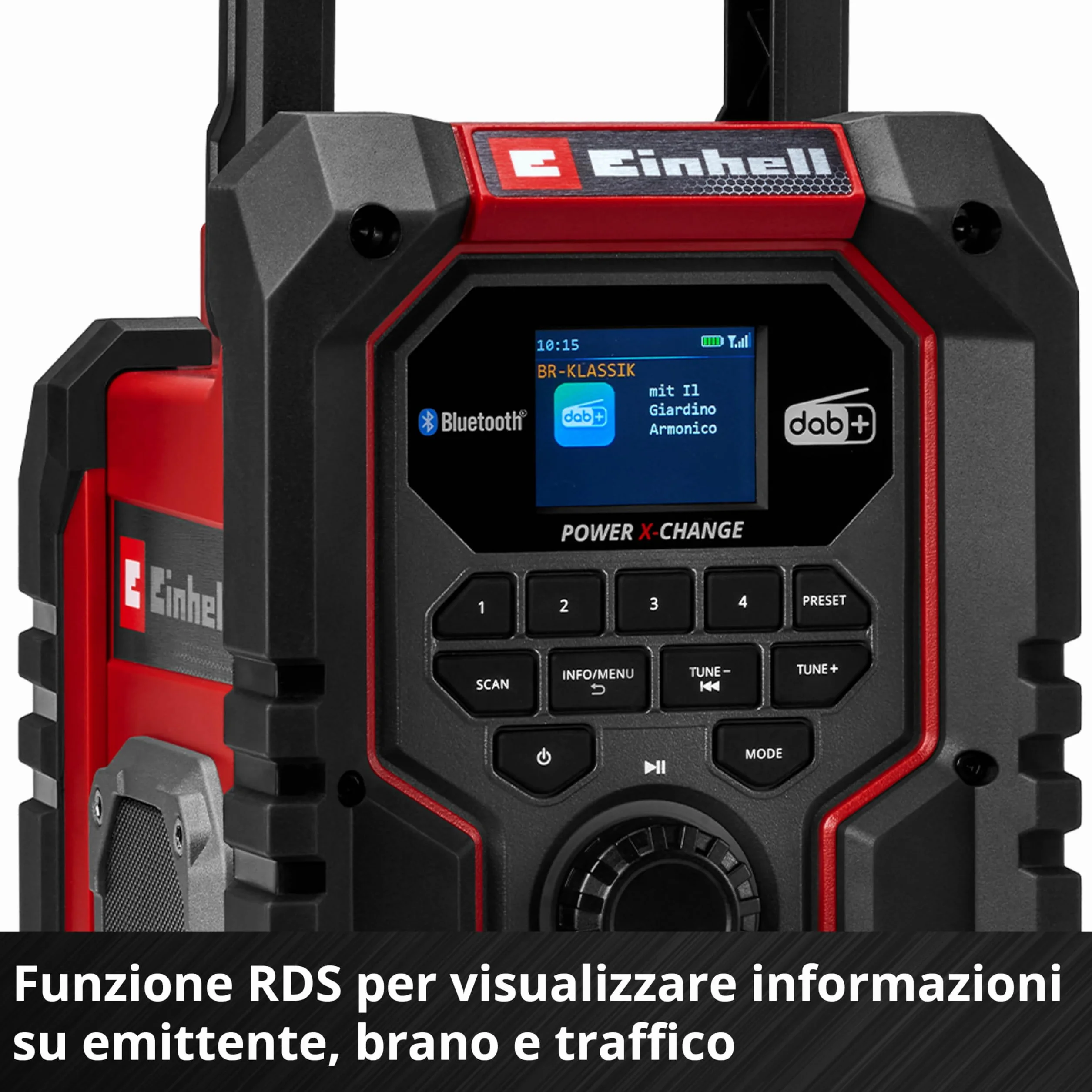 Radio da cantiere Einhell TE-CR 18 Li DAB+/FM/BT - Solo Power X-Change (18 V, DAB+, FM, Bluetooth, AUX, USB, ricerca automatica dei canali, display TFT a colori, IP65, senza batteria)