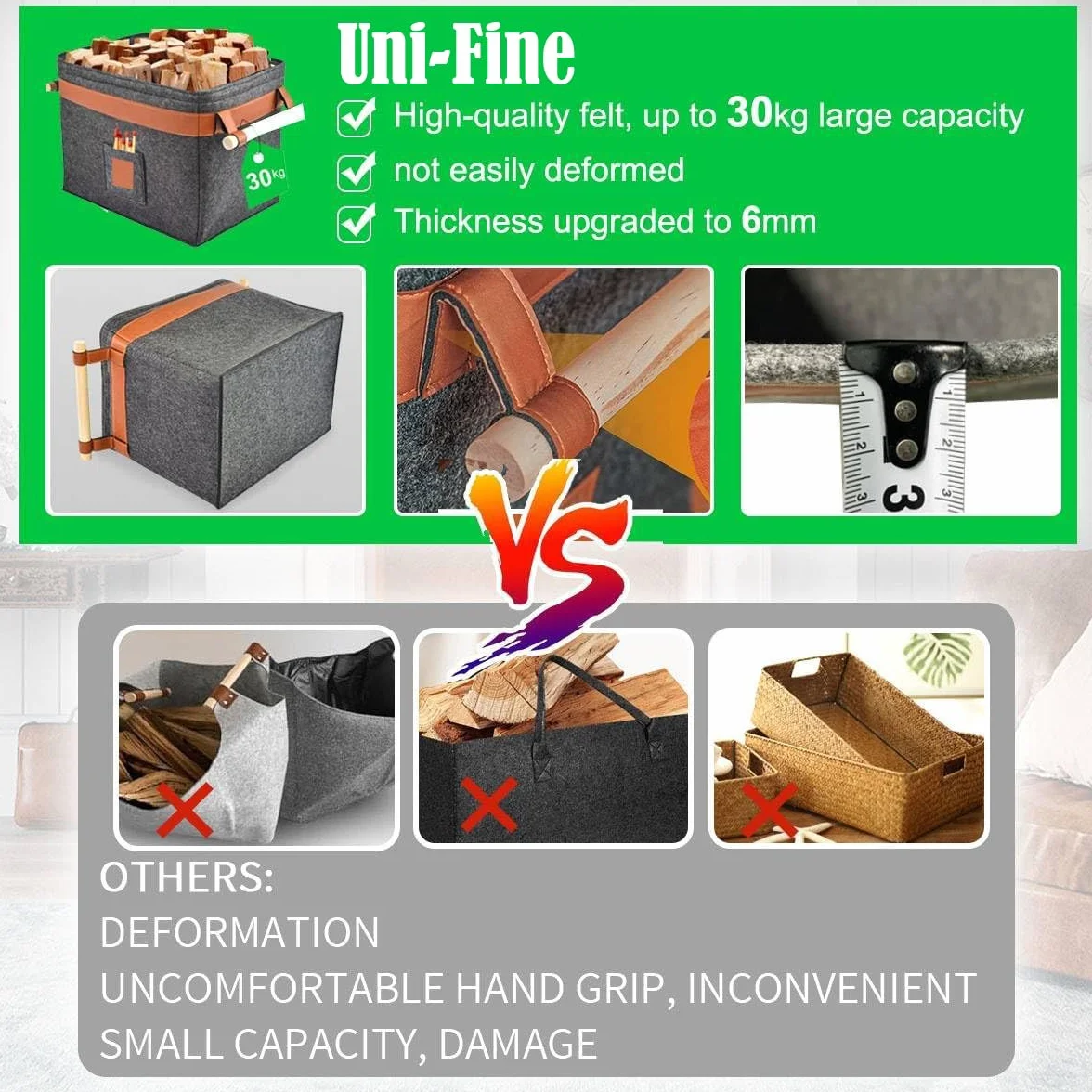 Uni-Fine - Cesto di legno in feltro, 42 x 32 x 32 cm, 43 l, con manico, in feltro extra spesso, può essere utilizzato anche come cestino per la spesa e i giornali